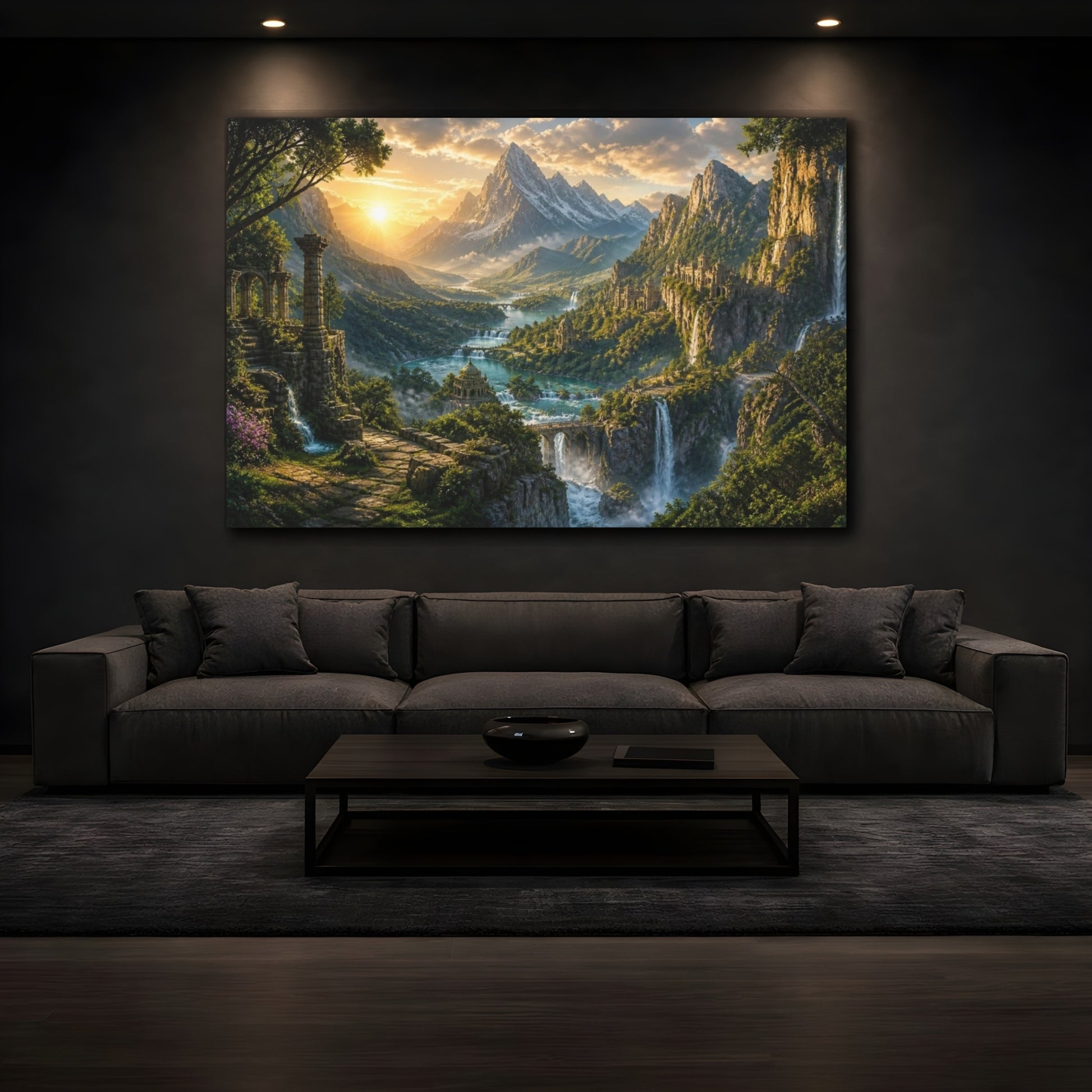 Mockup 3. Sunlit Mountain Landscape shown as canvas print