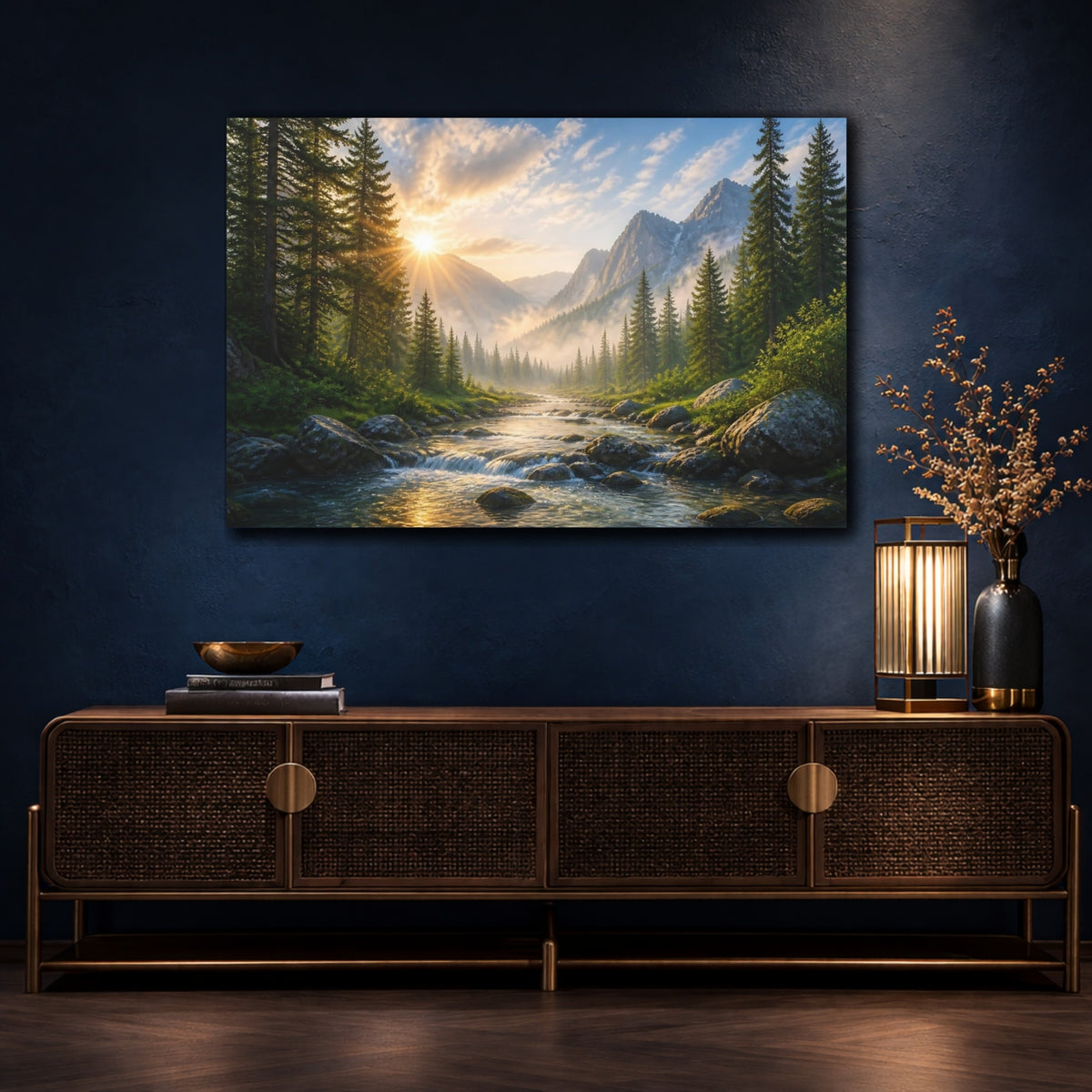 Mockup 4. Sunlit Mountain Landscape shown as canvas print
