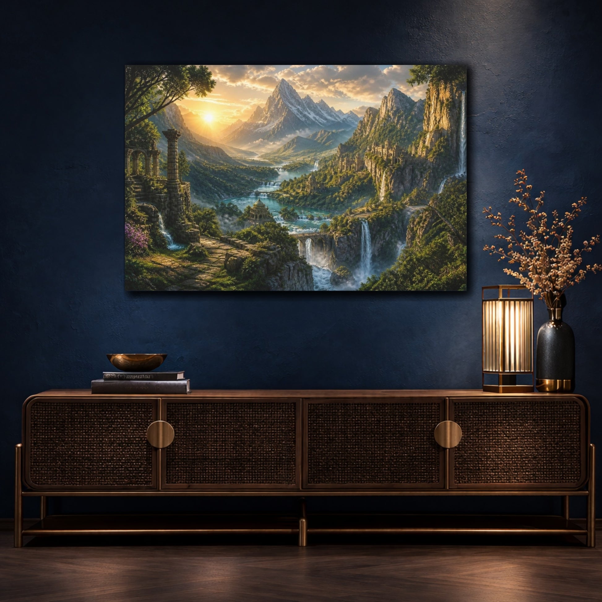 Mockup 4. Sunlit Mountain Landscape shown as canvas print