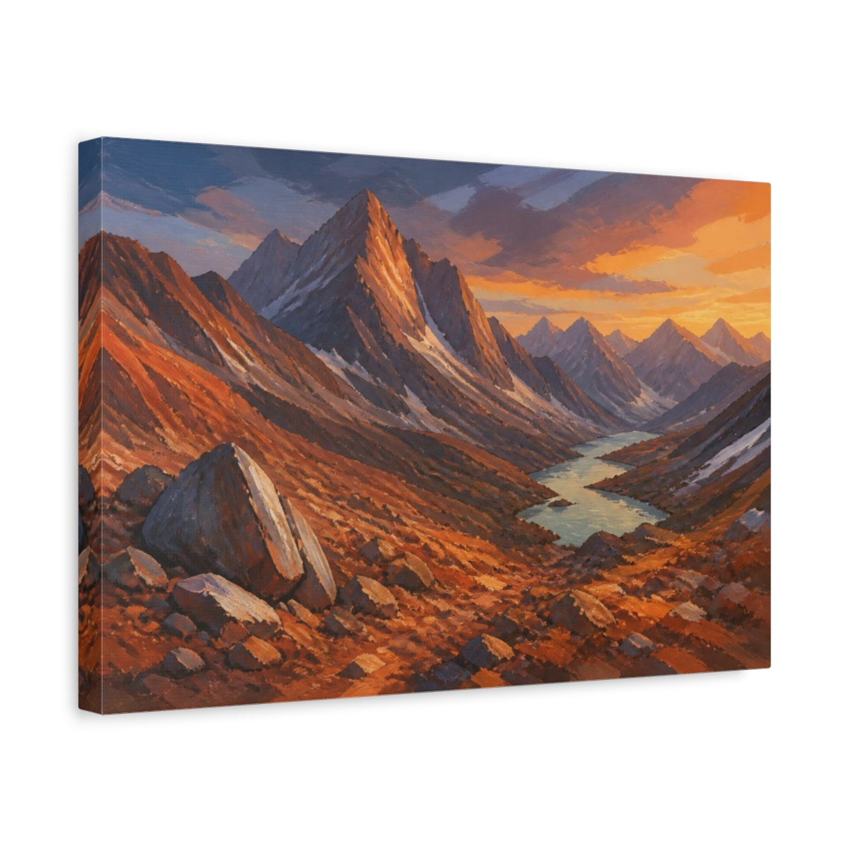 Side Mockup 4. Sunlit Mountain Pass shown as canvas print