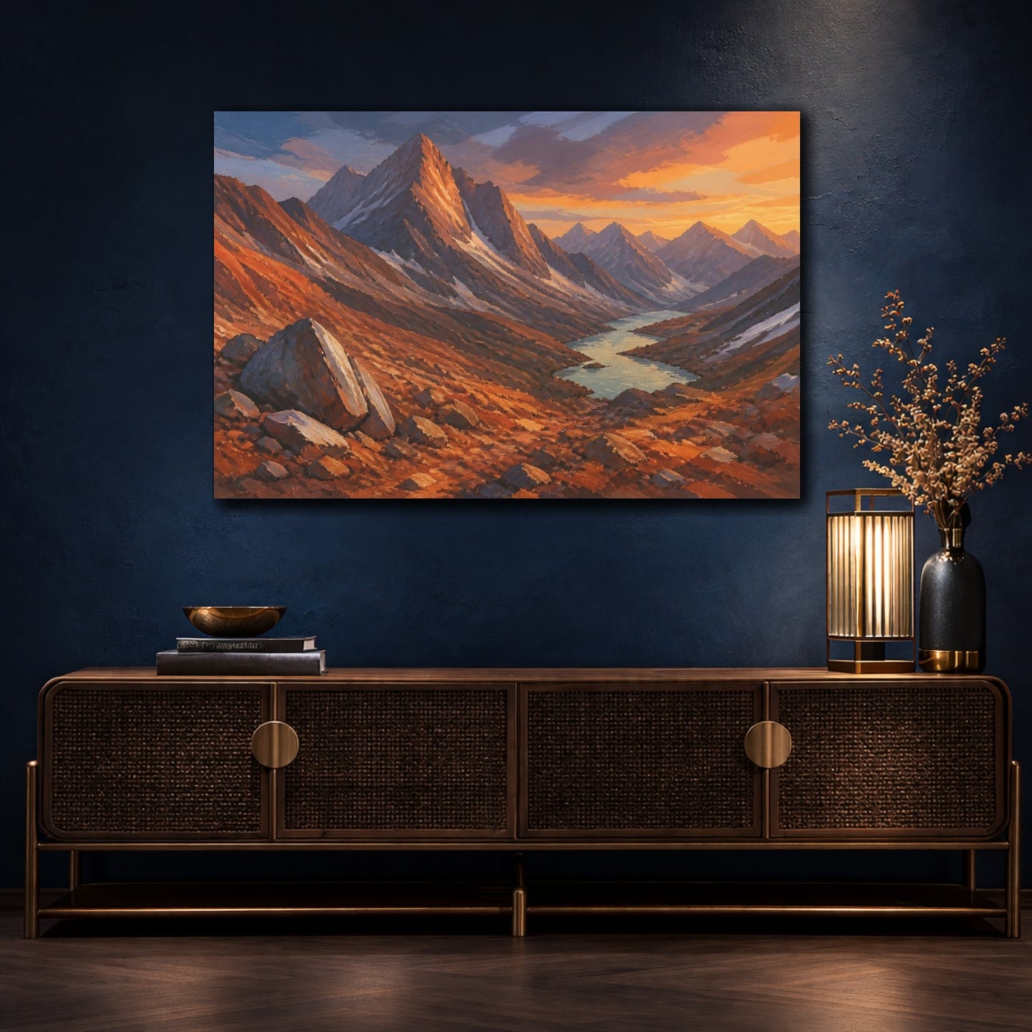 Mockup 4. Sunlit Mountain Pass shown as canvas print