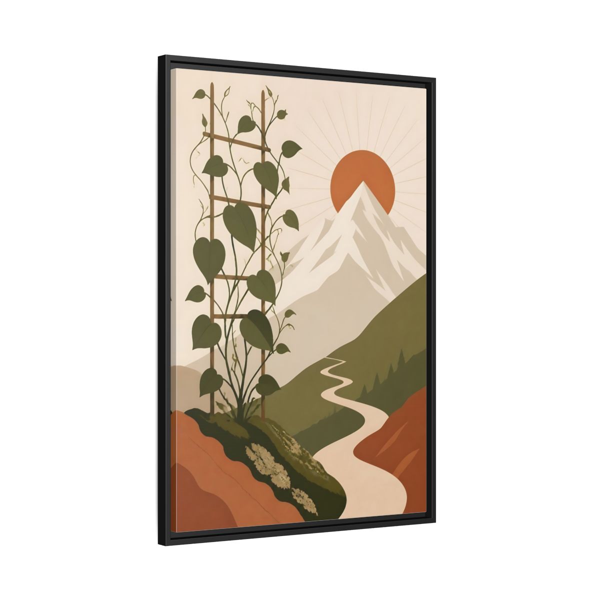 Side Mockup 13. Sunlit Mountain Path shown as framed canvas print