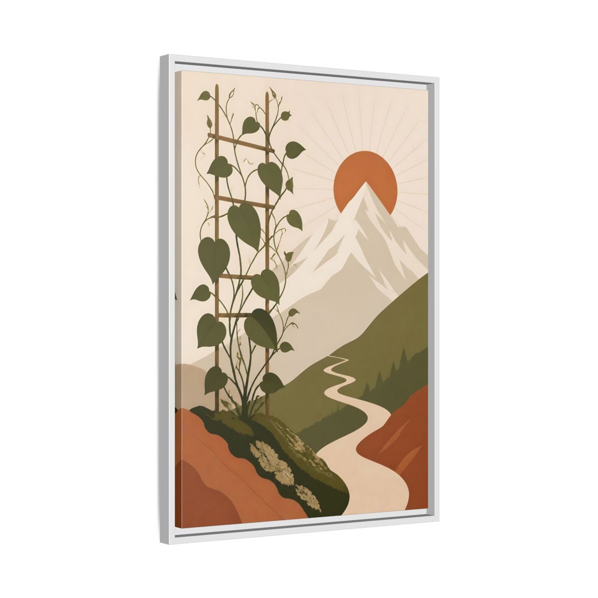 Side Mockup 10. Sunlit Mountain Path shown as framed canvas print
