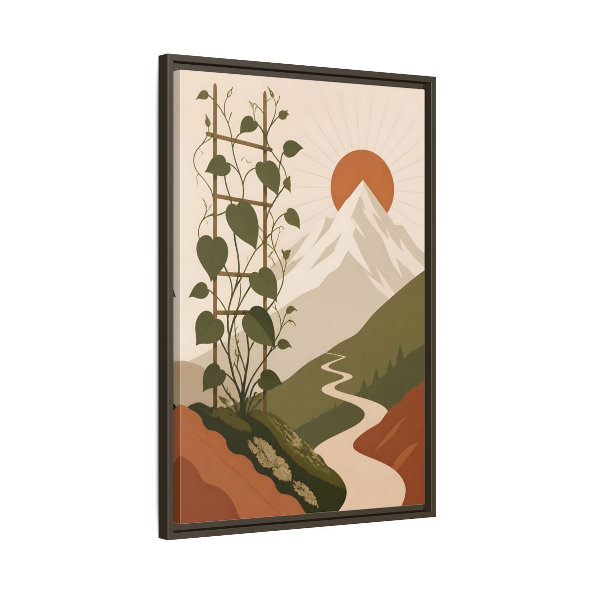 Side Mockup 11. Sunlit Mountain Path shown as framed canvas print