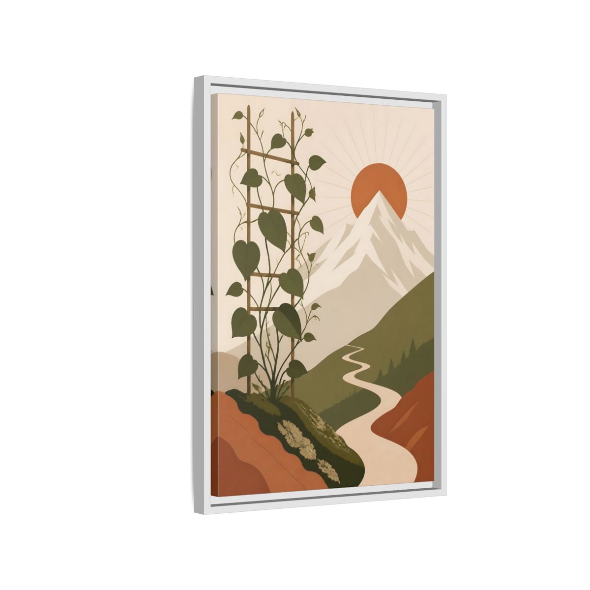 Side Mockup 1. Sunlit Mountain Path shown as framed canvas print