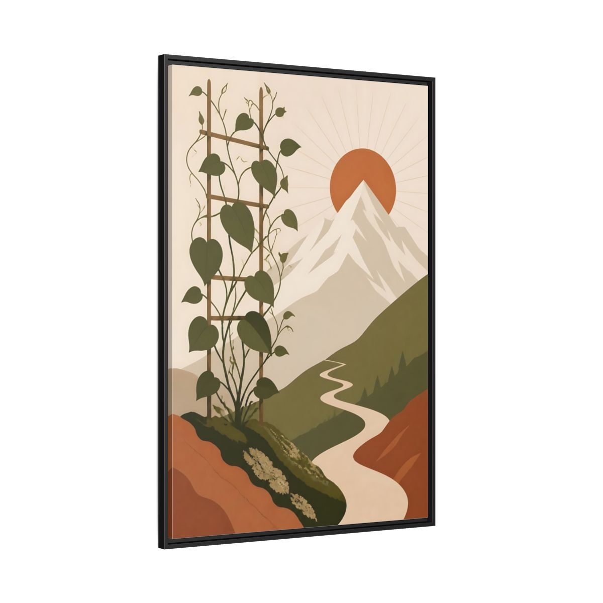 Side Mockup 12. Sunlit Mountain Path shown as framed canvas print