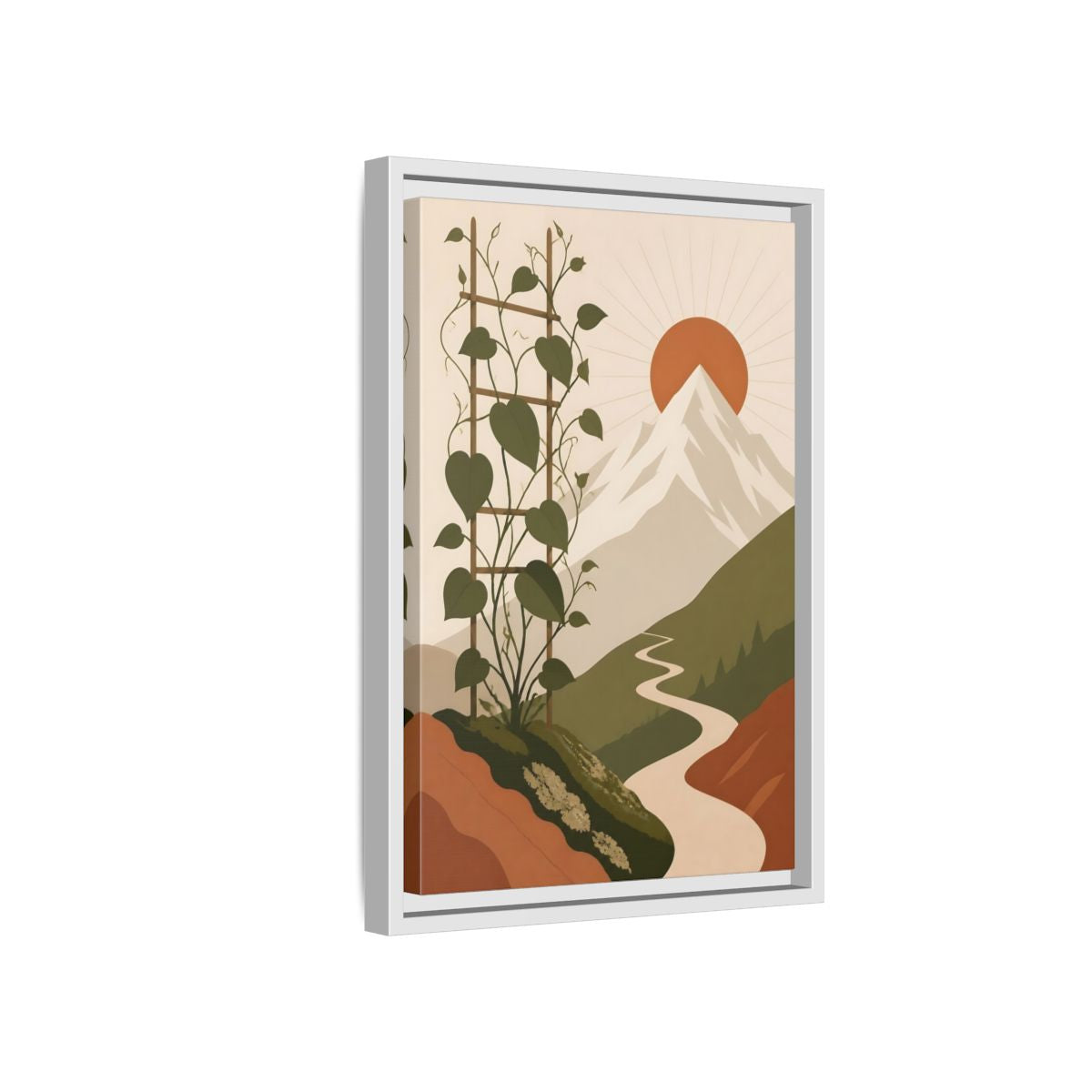 Side Mockup 4. Sunlit Mountain Path shown as framed canvas print