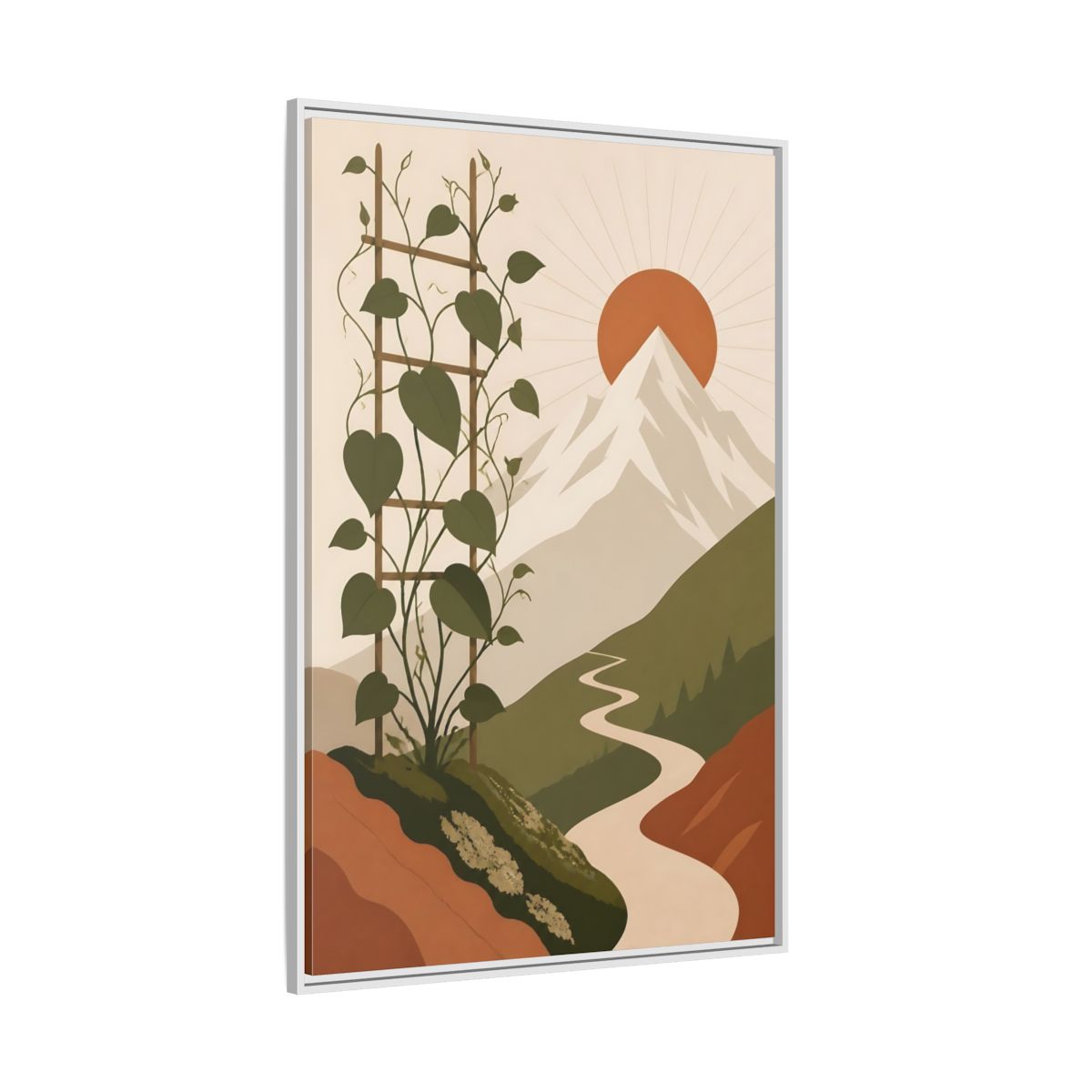 Side Mockup 7. Sunlit Mountain Path shown as framed canvas print