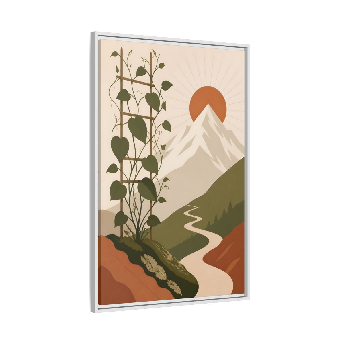 Side Mockup 9. Sunlit Mountain Path shown as framed canvas print