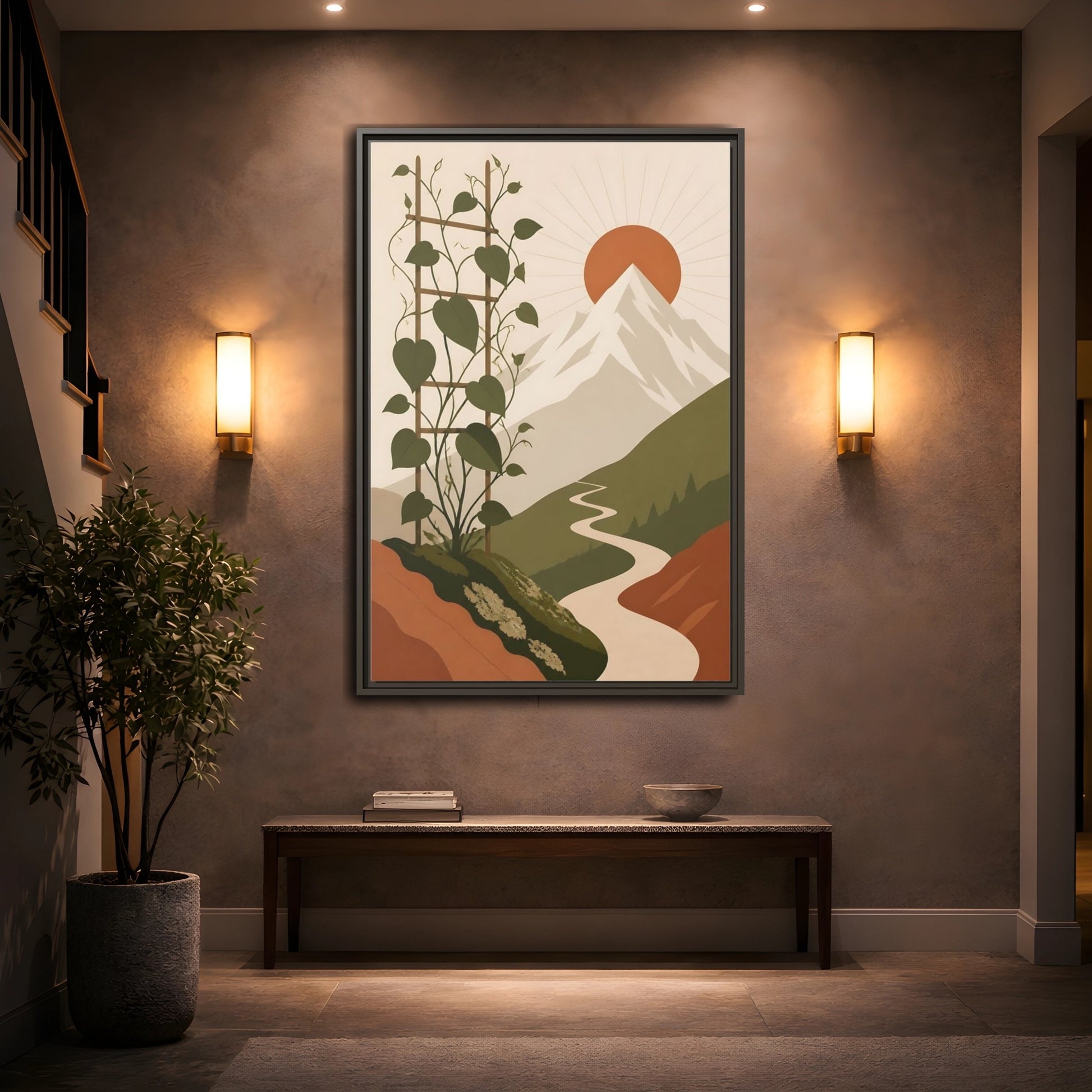 Mockup 2. Sunlit Mountain Path shown as framed canvas print