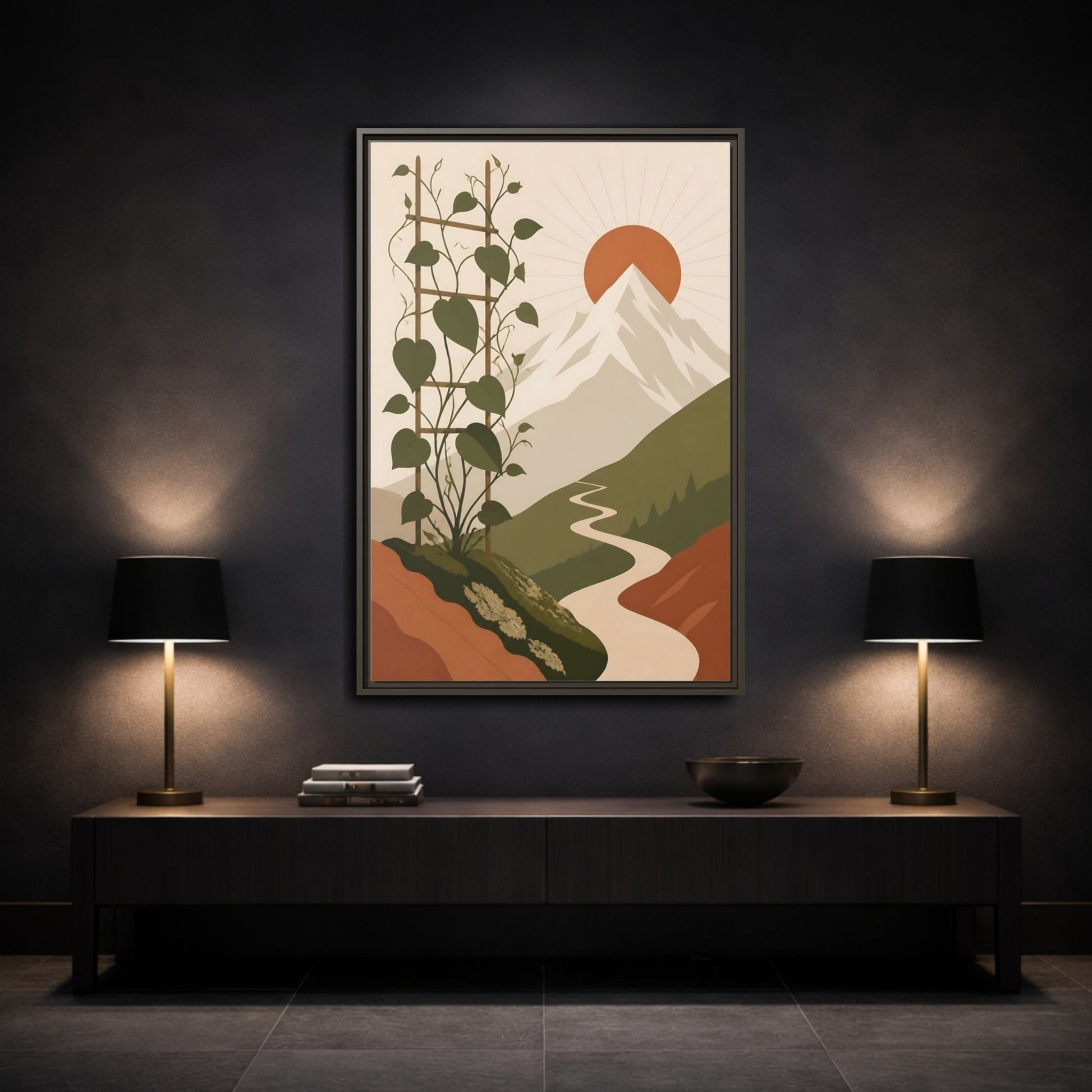 Mockup 3. Sunlit Mountain Path shown as framed canvas print