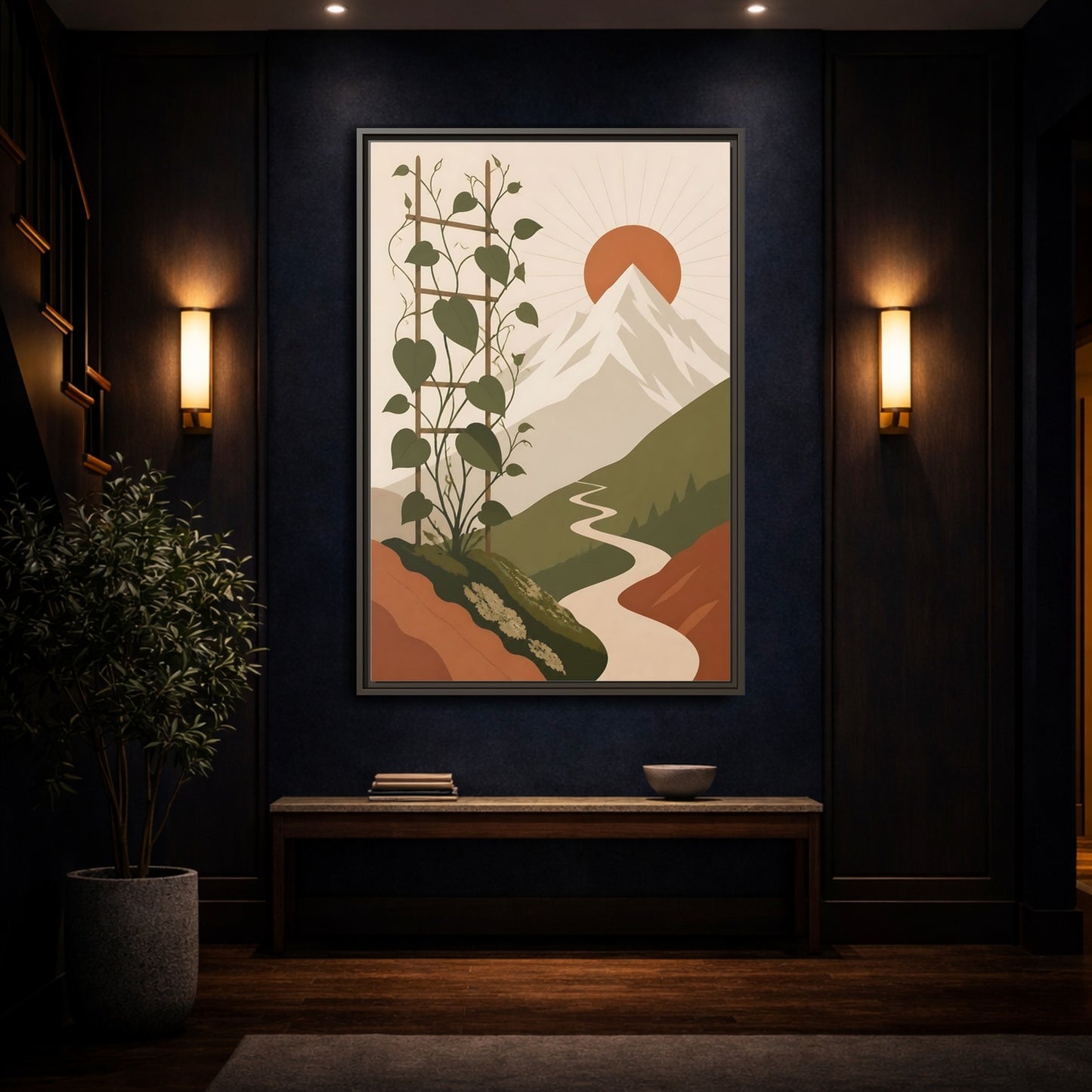 Mockup 4. Sunlit Mountain Path shown as framed canvas print