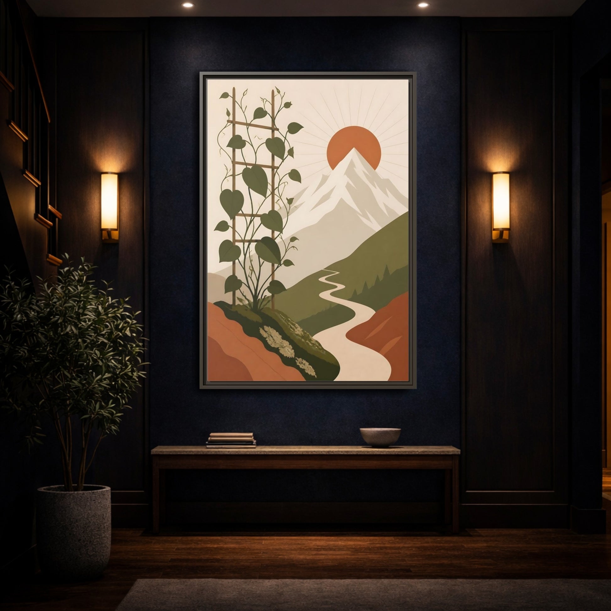 Mockup 4. Sunlit Mountain Path shown as framed canvas print