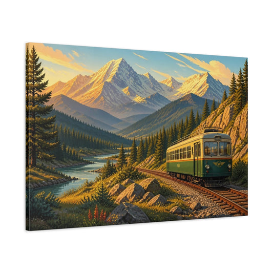 Main Mockup. Sunlit Mountain Train shown as canvas print