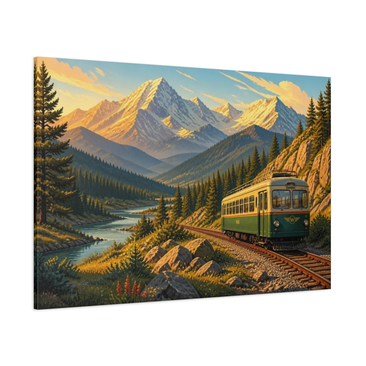 Side Mockup 1. Sunlit Mountain Train shown as canvas print