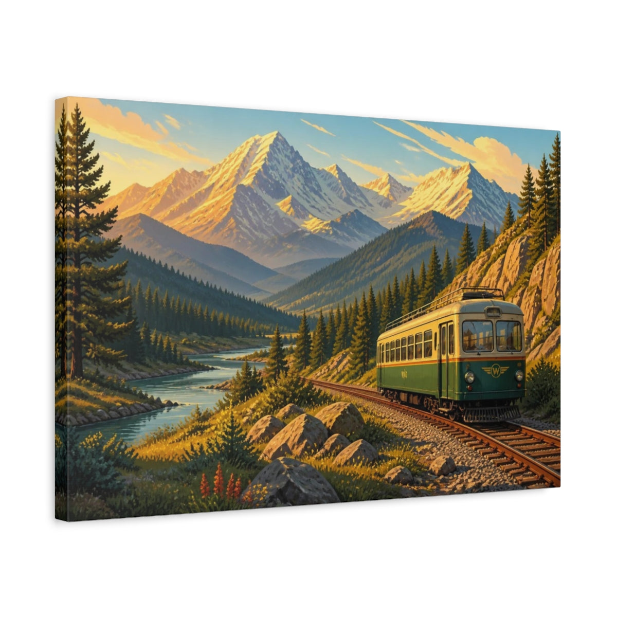 Side Mockup 3. Sunlit Mountain Train shown as canvas print