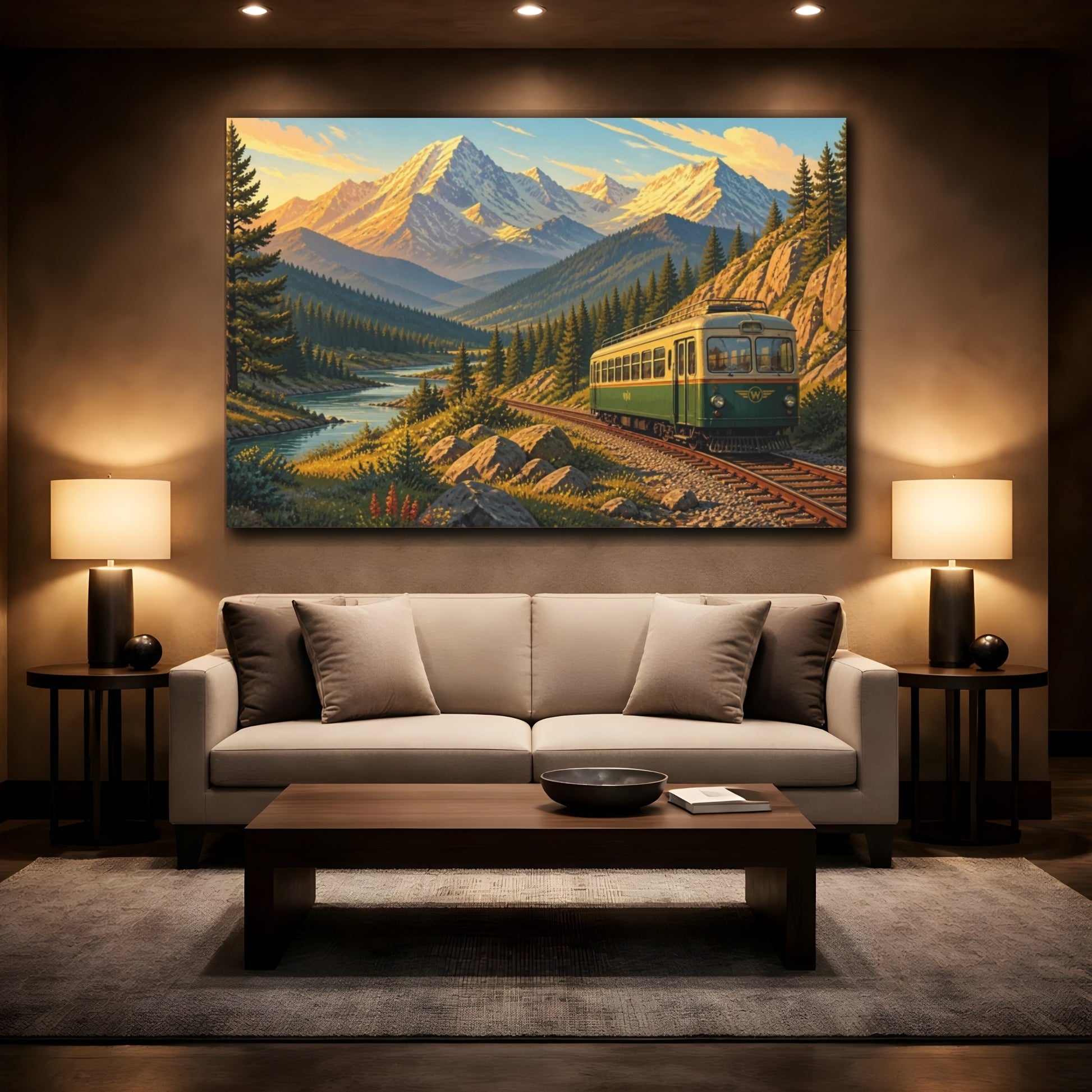 Mockup 2. Sunlit Mountain Train shown as canvas print
