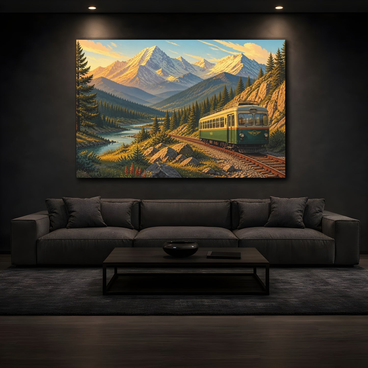 Mockup 3. Sunlit Mountain Train shown as canvas print