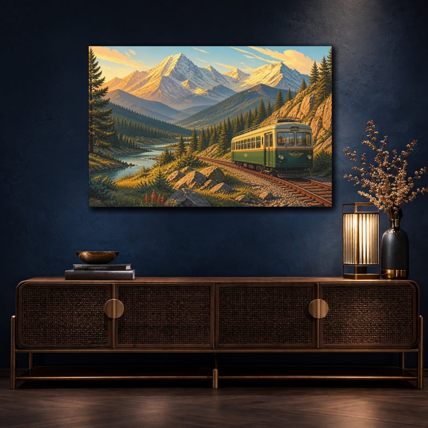 Mockup 4. Sunlit Mountain Train shown as canvas print
