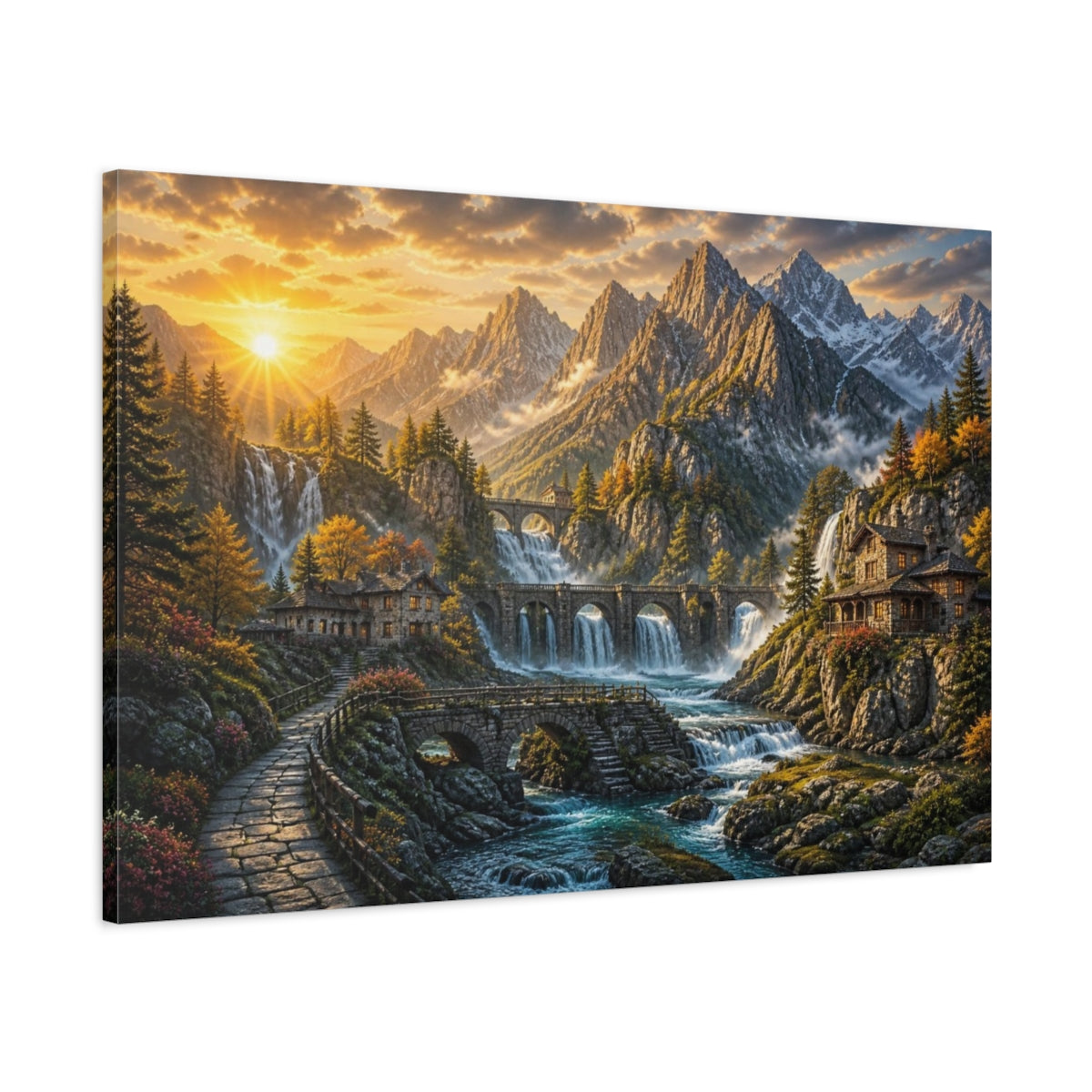 Main Mockup. Sunlit Mountain Waterfalls shown as canvas print