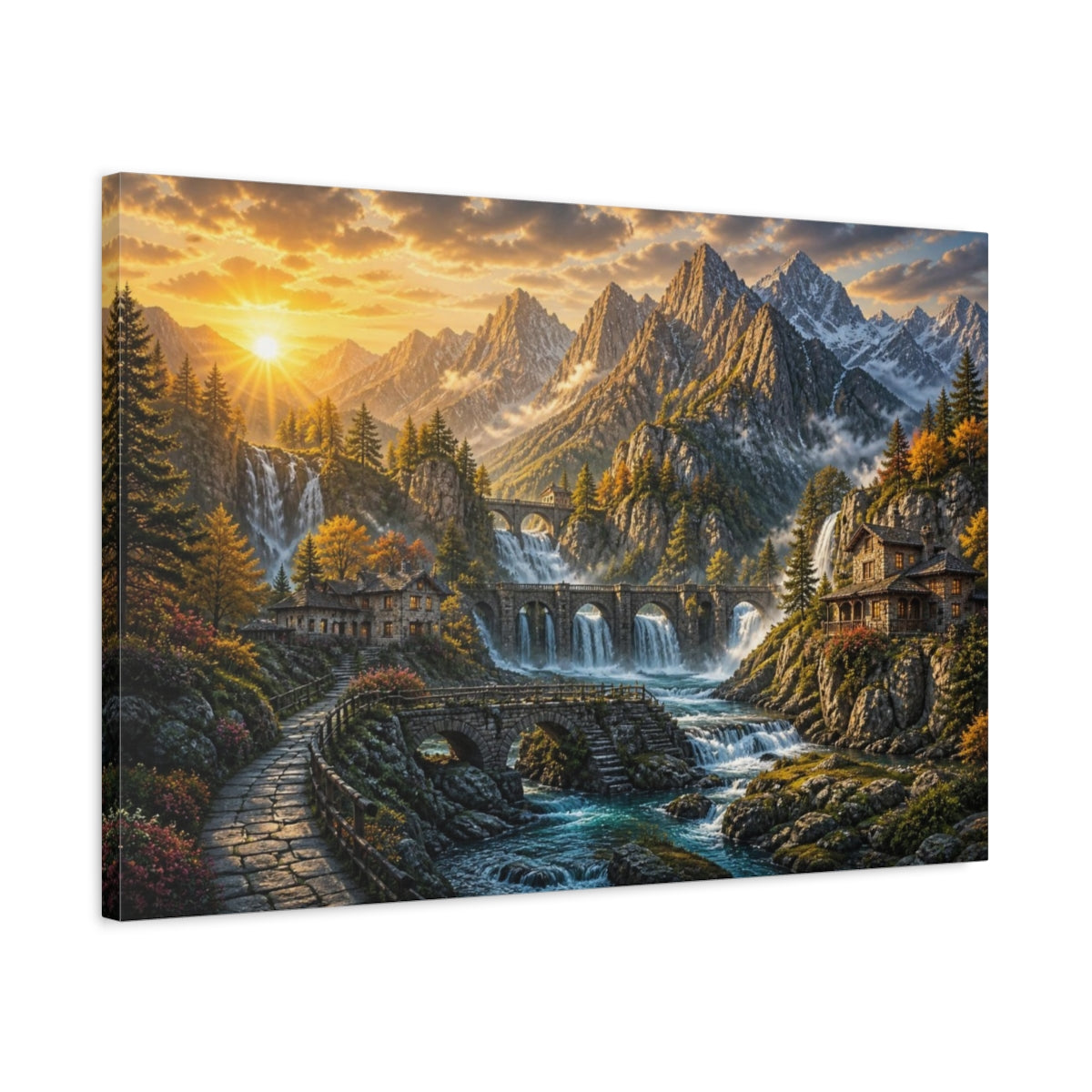 Side Mockup 2. Sunlit Mountain Waterfalls shown as canvas print