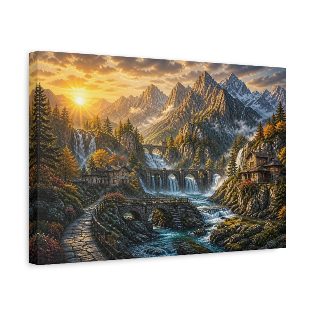 Side Mockup 4. Sunlit Mountain Waterfalls shown as canvas print