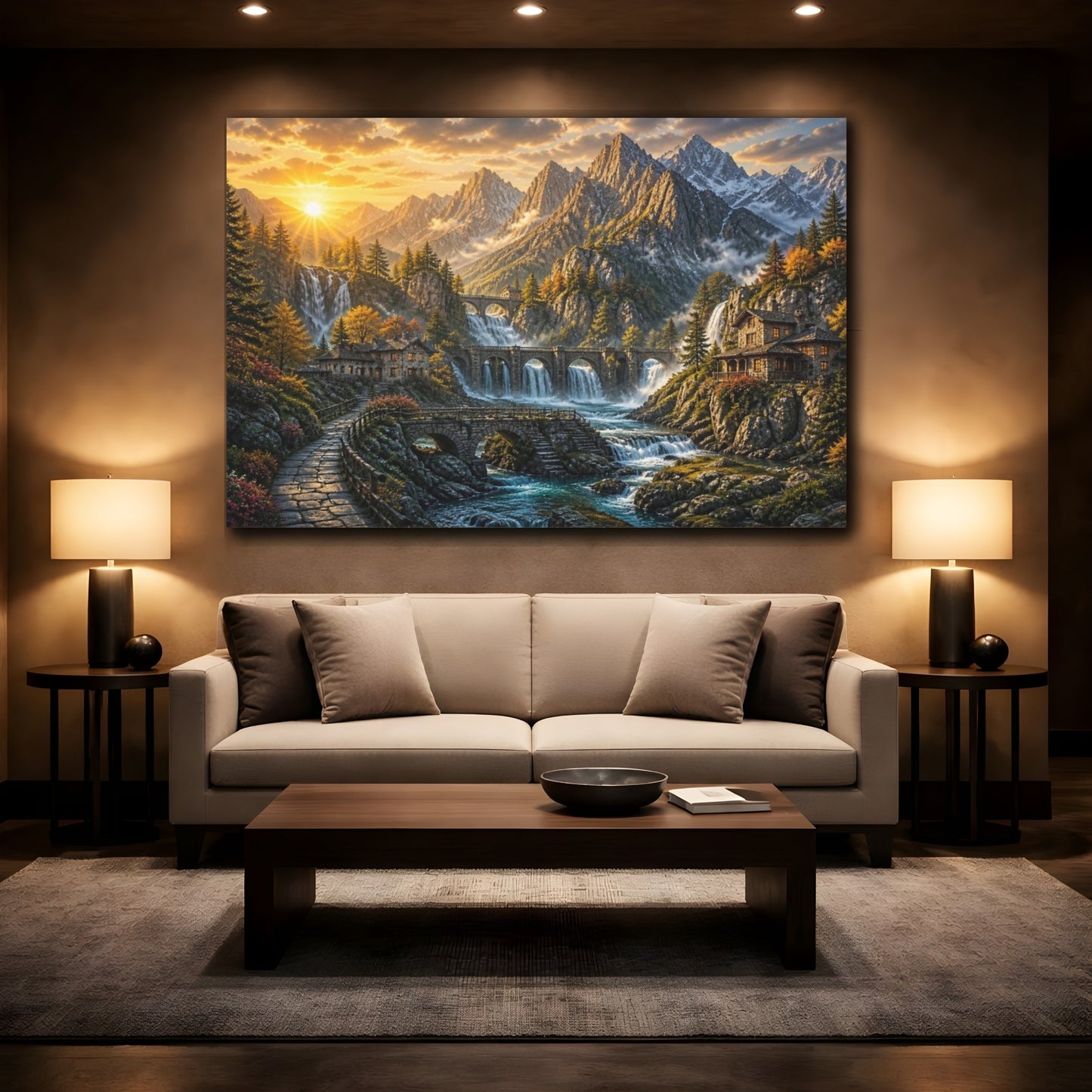 Mockup 2. Sunlit Mountain Waterfalls shown as canvas print