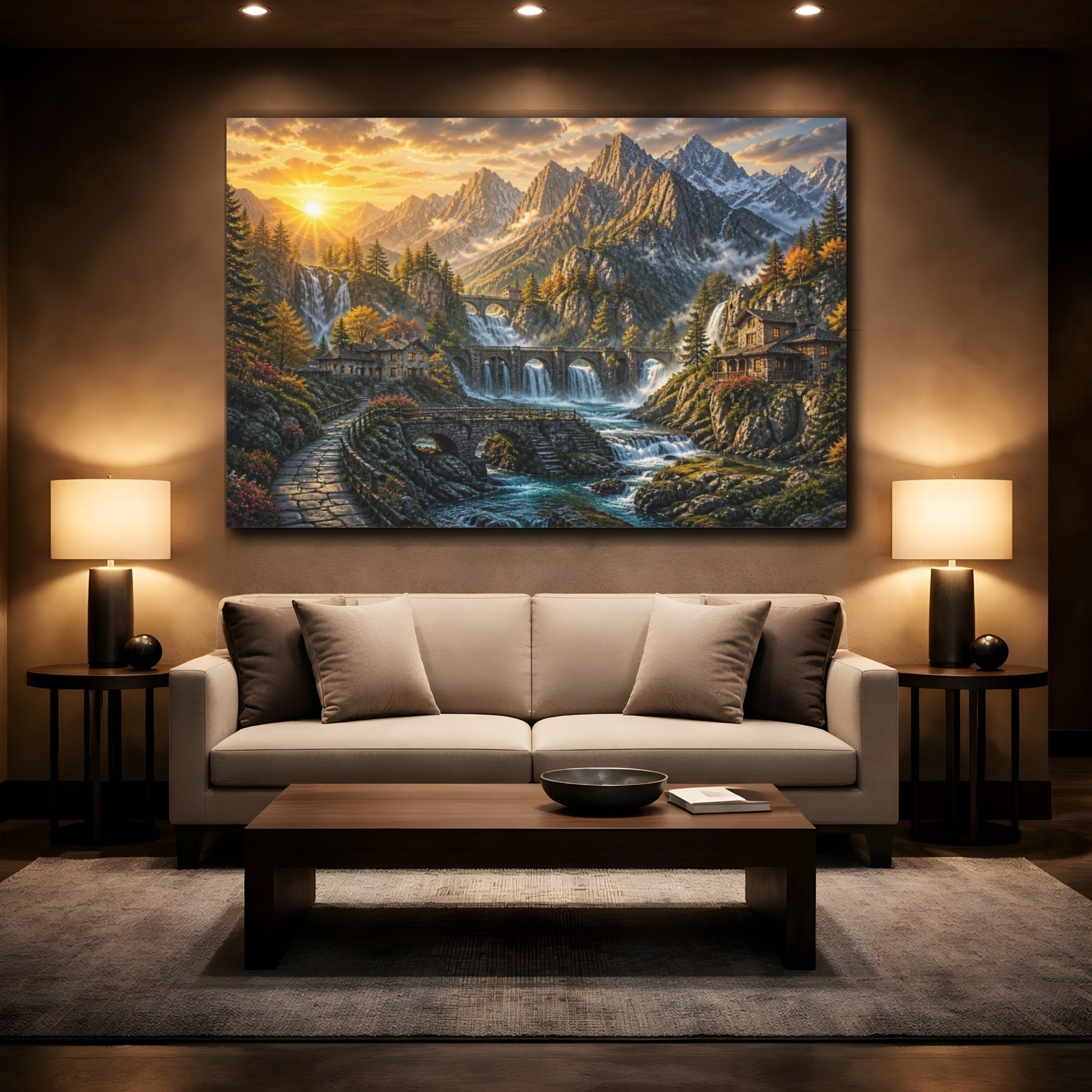 Mockup 2. Sunlit Mountain Waterfalls shown as canvas print