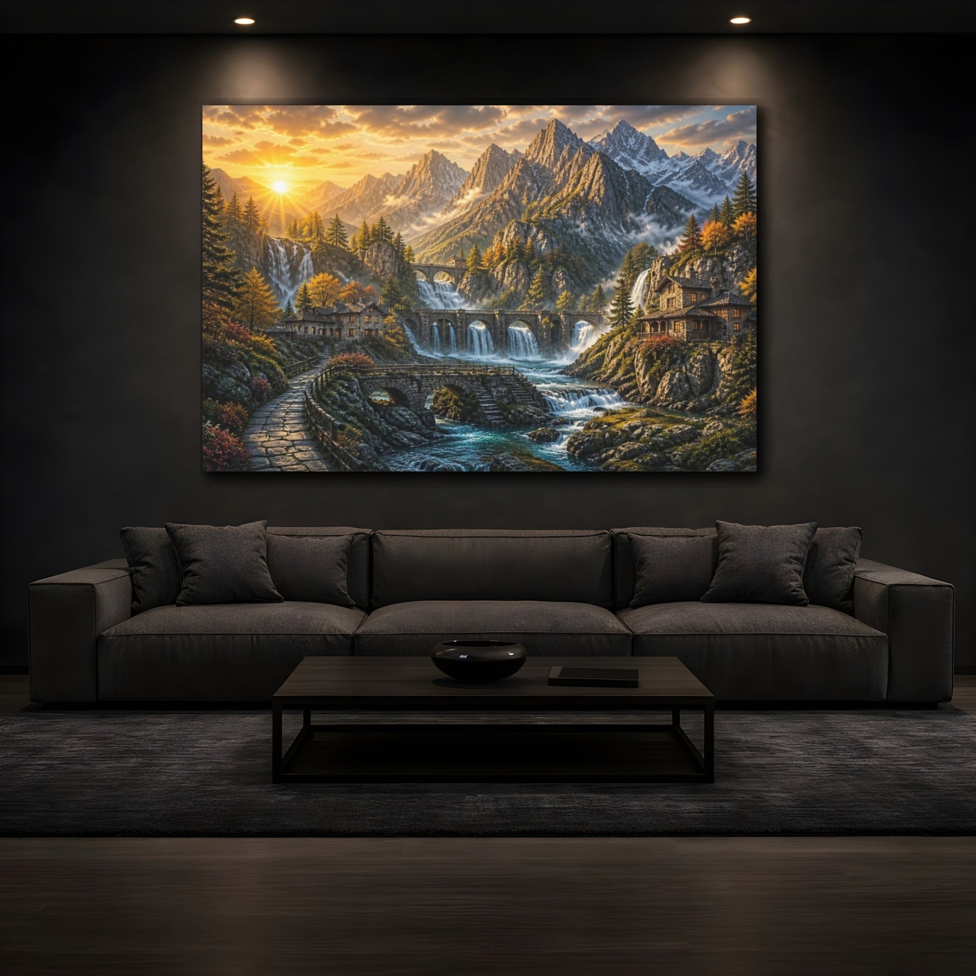 Mockup 3. Sunlit Mountain Waterfalls shown as canvas print