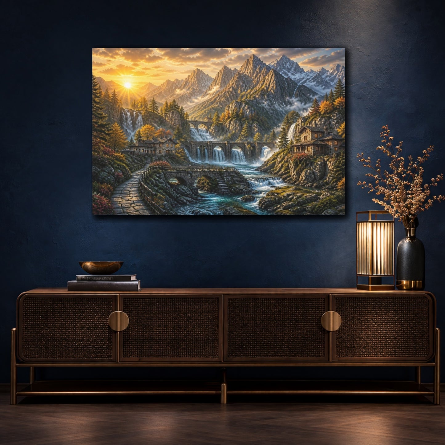 Mockup 4. Sunlit Mountain Waterfalls shown as canvas print