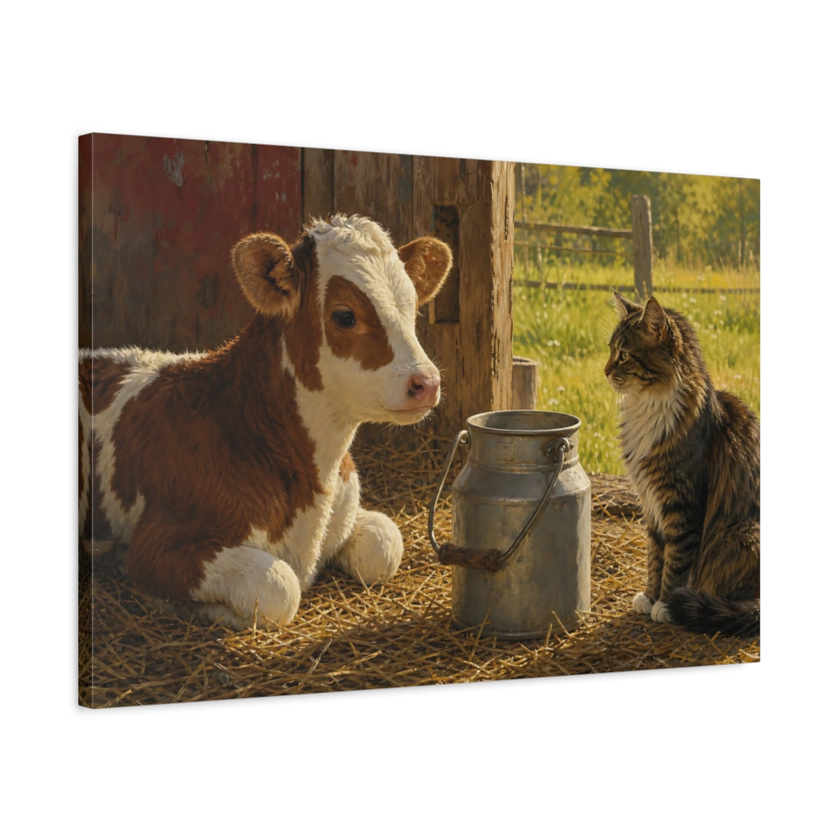 Side Mockup 2. Sunlit Natural Realism Barn Cat Near Milk Pail shown as stretched canvas wall art