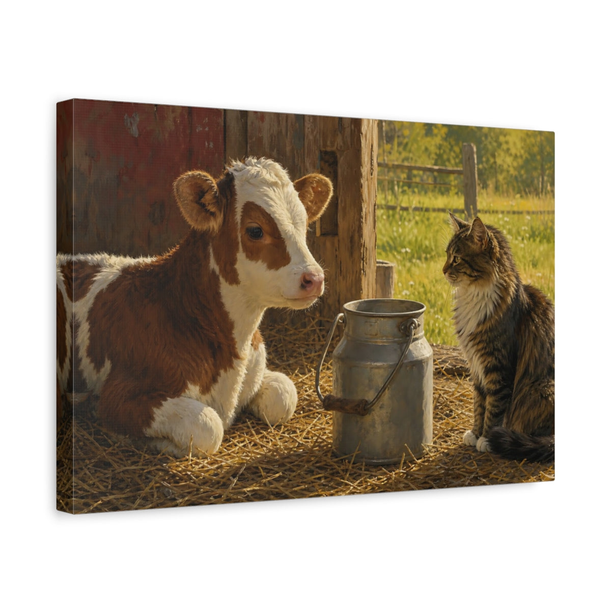 Side Mockup 4. Sunlit Natural Realism Barn Cat Near Milk Pail shown as stretched canvas wall art
