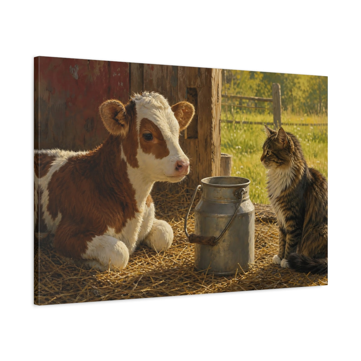 Main Mockup. Sunlit Natural Realism Barn Cat Near Milk Pail shown as stretched canvas wall art
