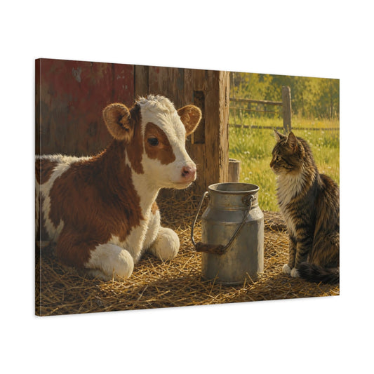 Main Mockup. Sunlit Natural Realism Barn Cat Near Milk Pail shown as stretched canvas wall art