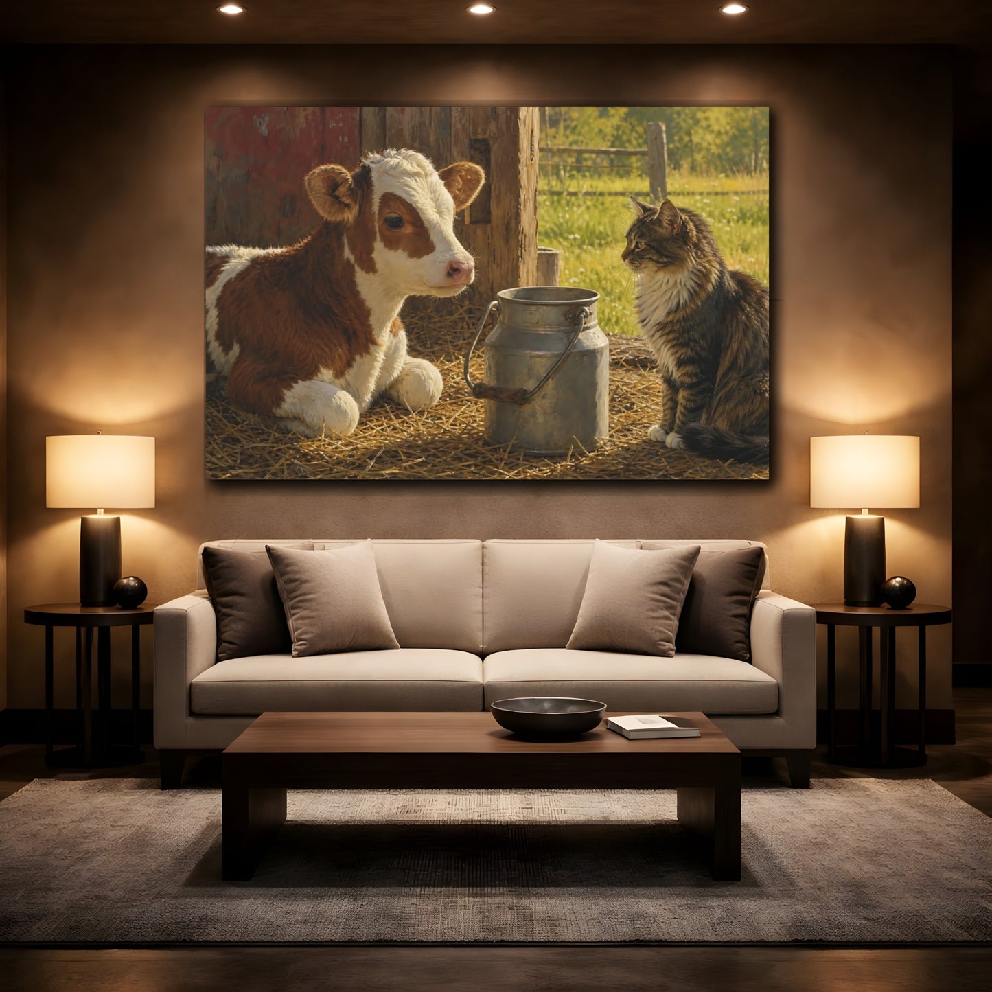 Mockup 2. Sunlit Natural Realism Barn Cat Near Milk Pail shown as stretched canvas wall art