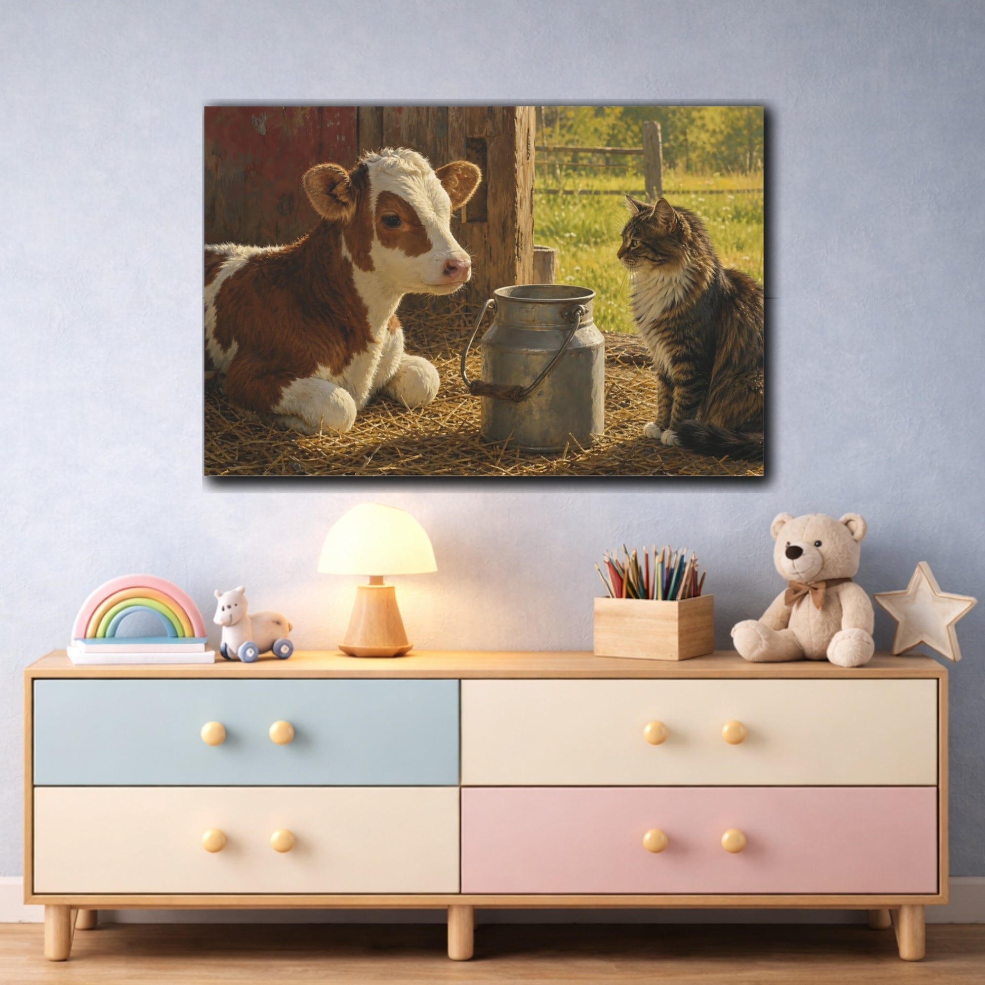 Mockup 3. Sunlit Natural Realism Barn Cat Near Milk Pail shown as stretched canvas wall art