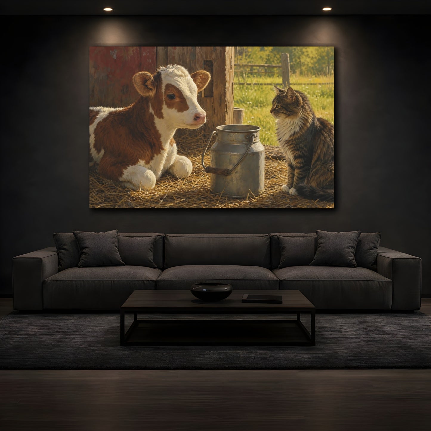 Mockup 4. Sunlit Natural Realism Barn Cat Near Milk Pail shown as stretched canvas wall art