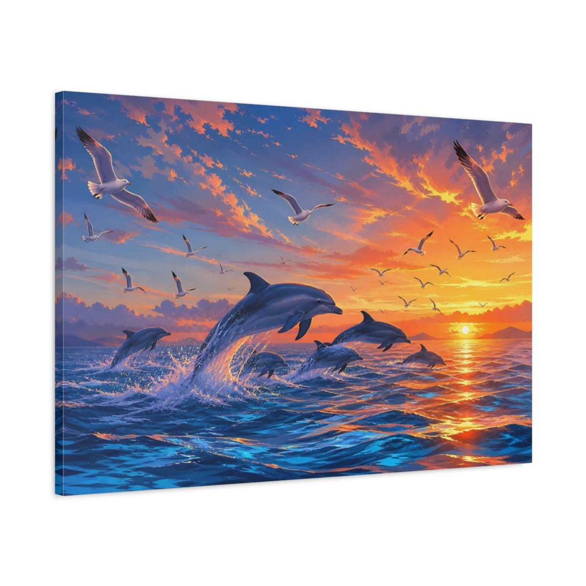 Main Mockup. Sunlit Natural Realism Dolphins And Gulls Beneath Sunset Sky shown as stretched canvas wall art