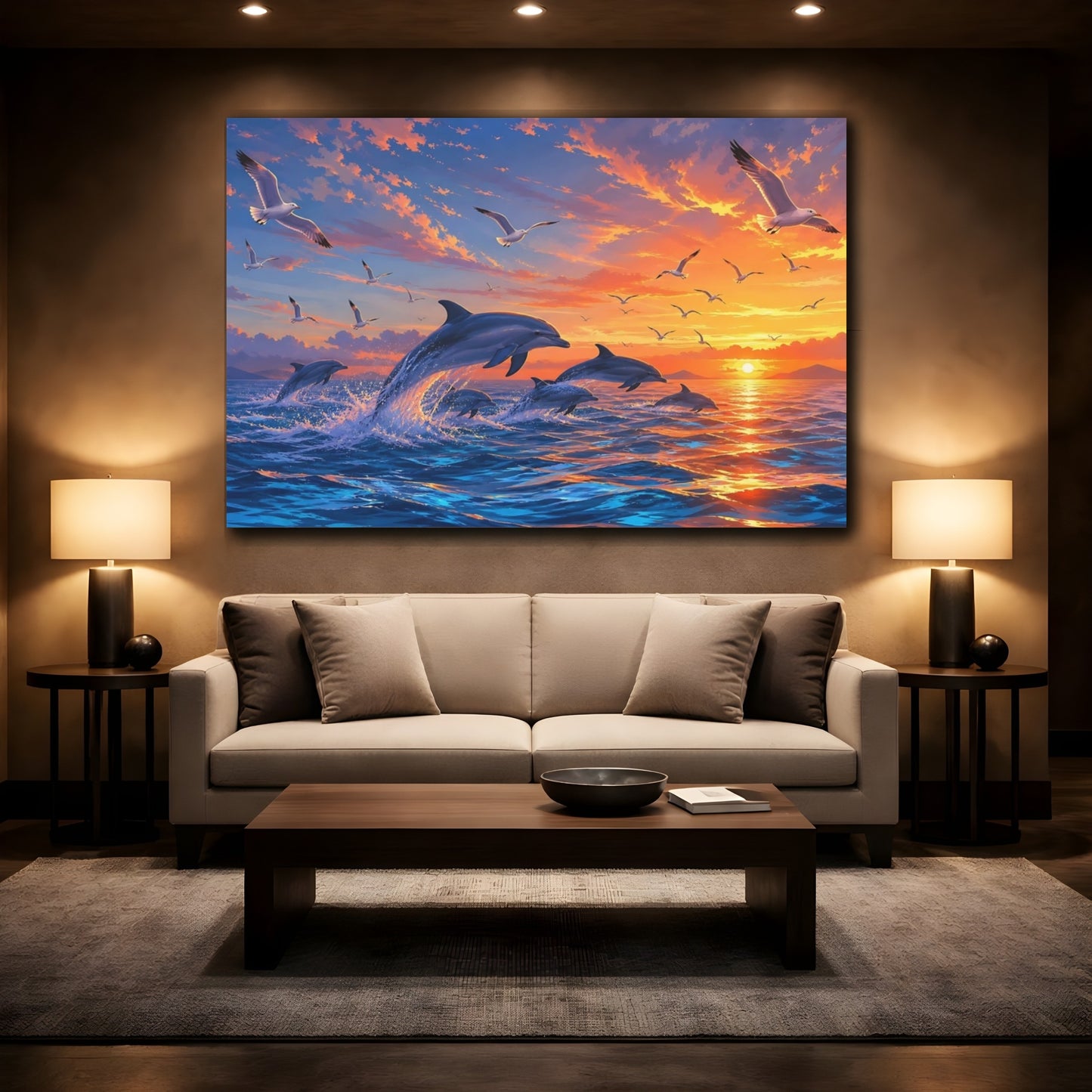 Mockup 2. Sunlit Natural Realism Dolphins And Gulls Beneath Sunset Sky shown as stretched canvas wall art