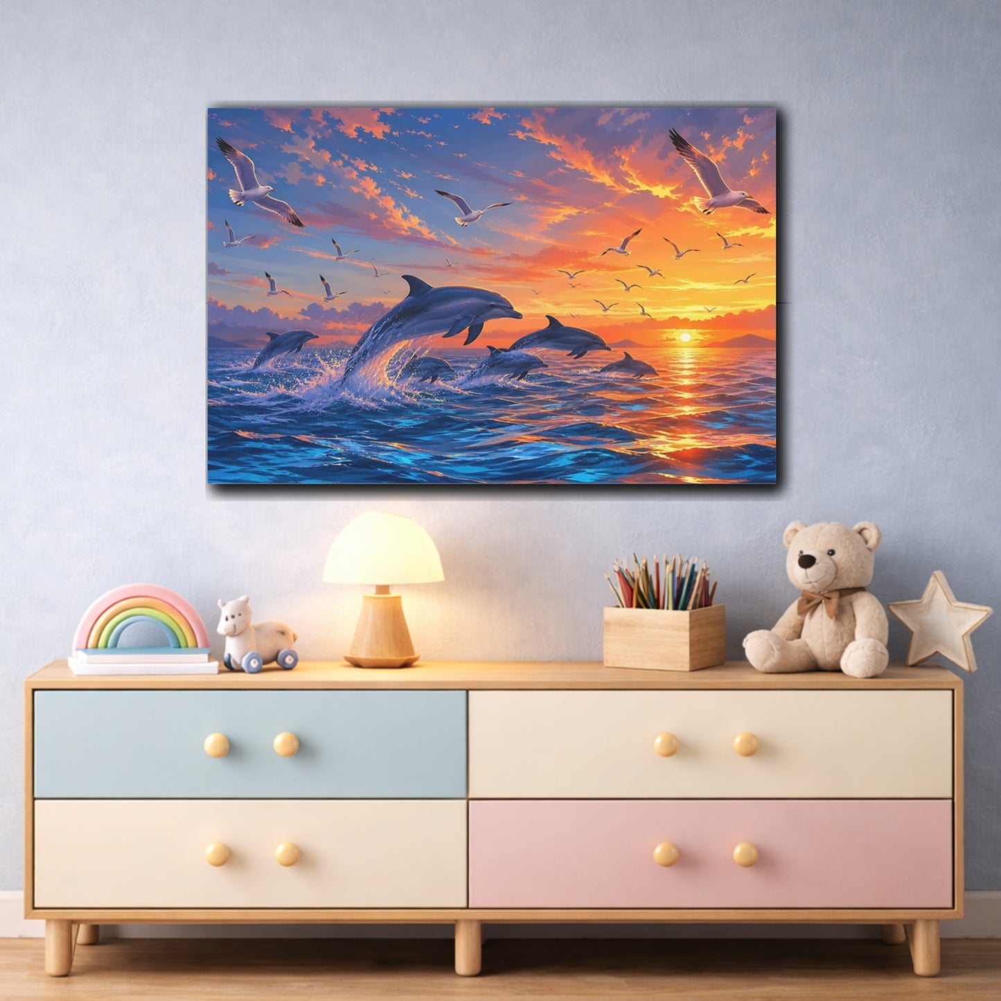 Mockup 3. Sunlit Natural Realism Dolphins And Gulls Beneath Sunset Sky shown as stretched canvas wall art