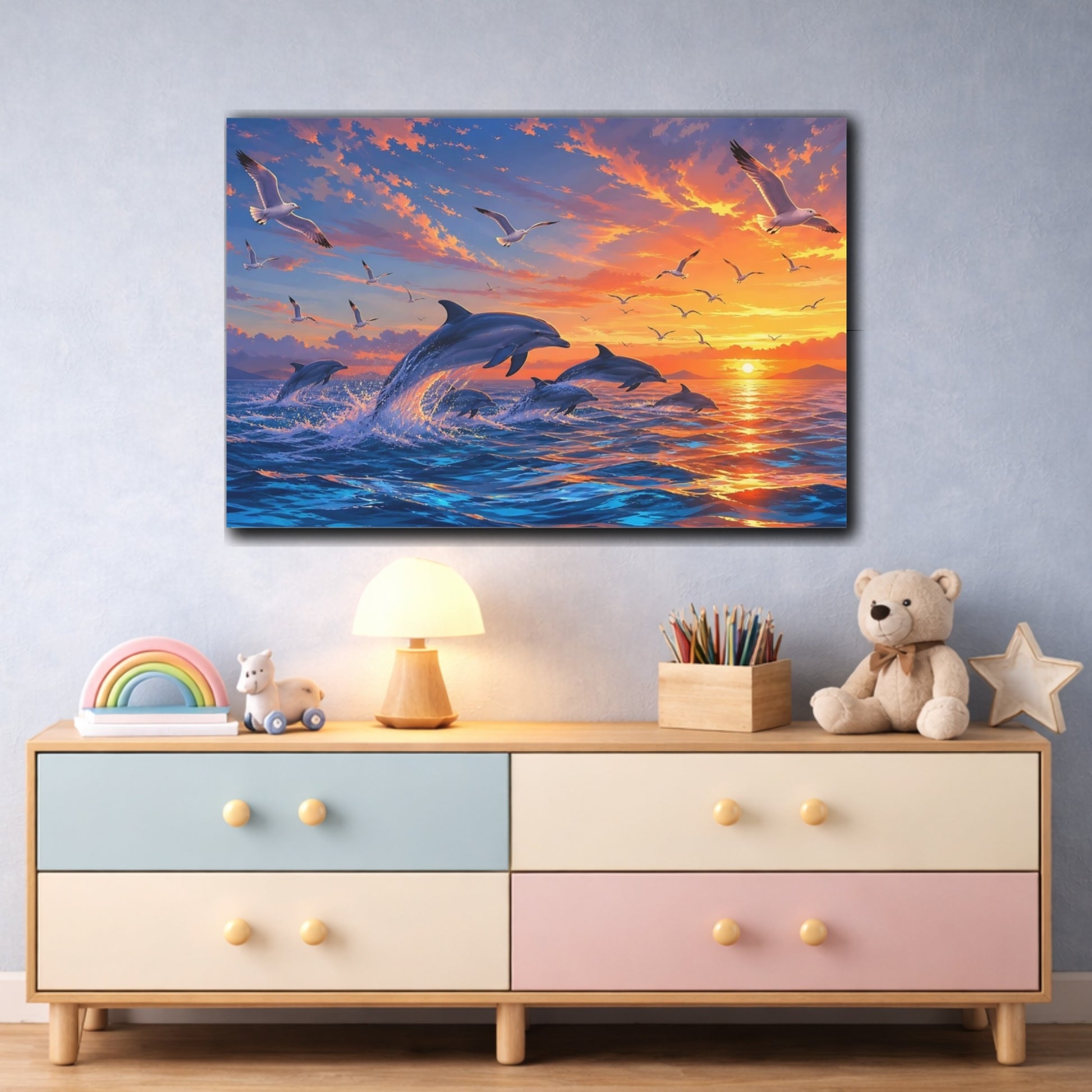 Mockup 3. Sunlit Natural Realism Dolphins And Gulls Beneath Sunset Sky shown as stretched canvas wall art