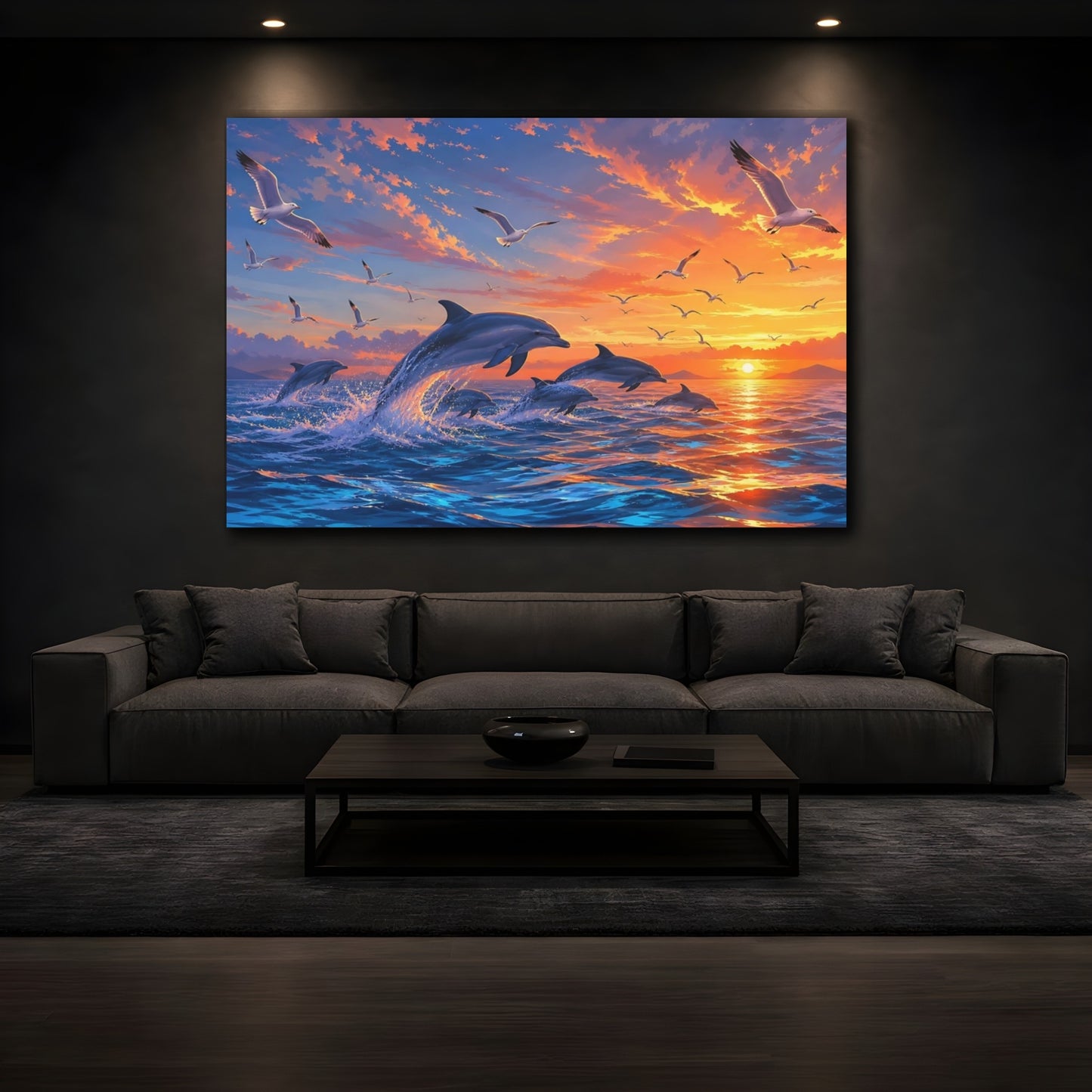 Mockup 4. Sunlit Natural Realism Dolphins And Gulls Beneath Sunset Sky shown as stretched canvas wall art