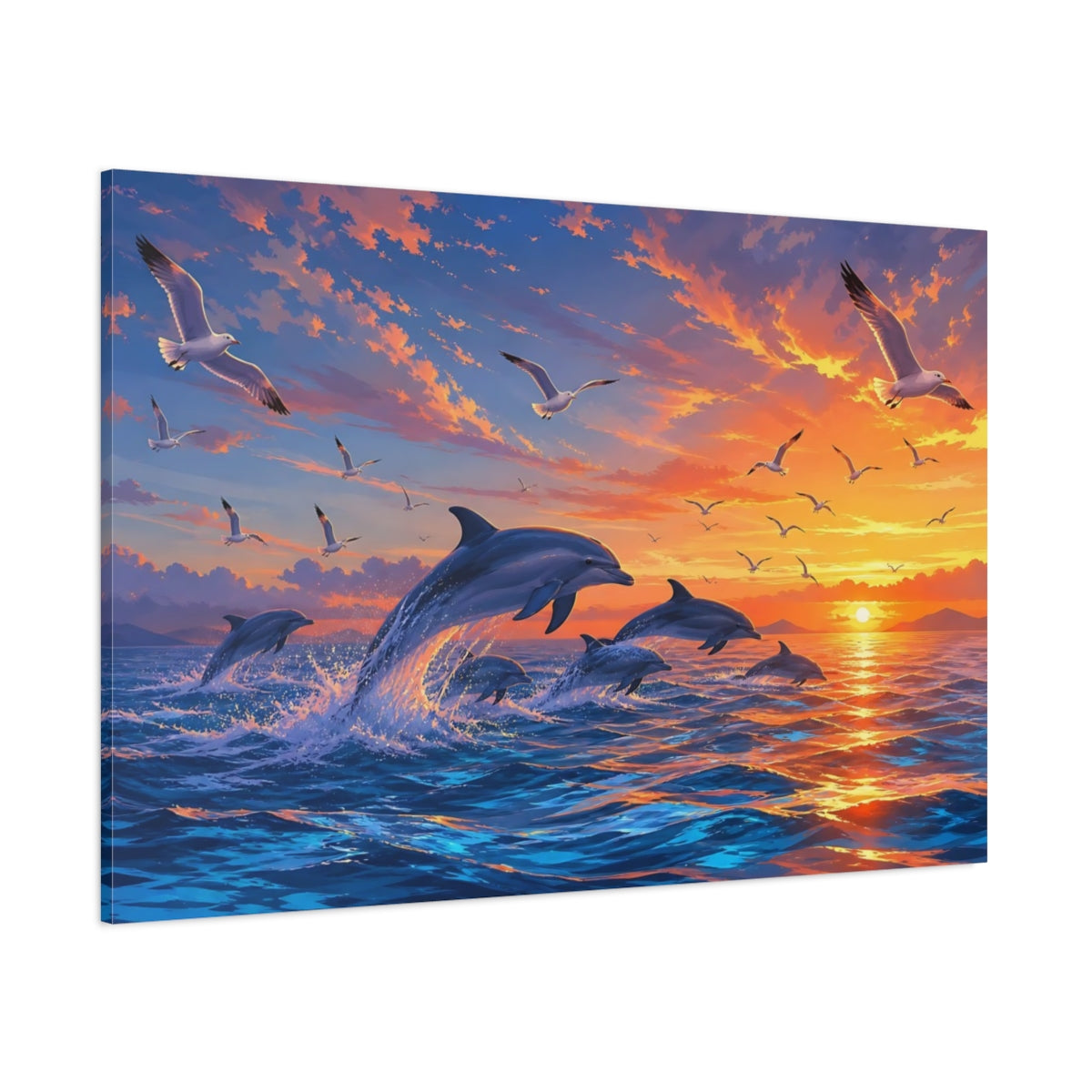 Side Mockup 1. Sunlit Natural Realism Dolphins And Gulls Beneath Sunset Sky shown as stretched canvas wall art