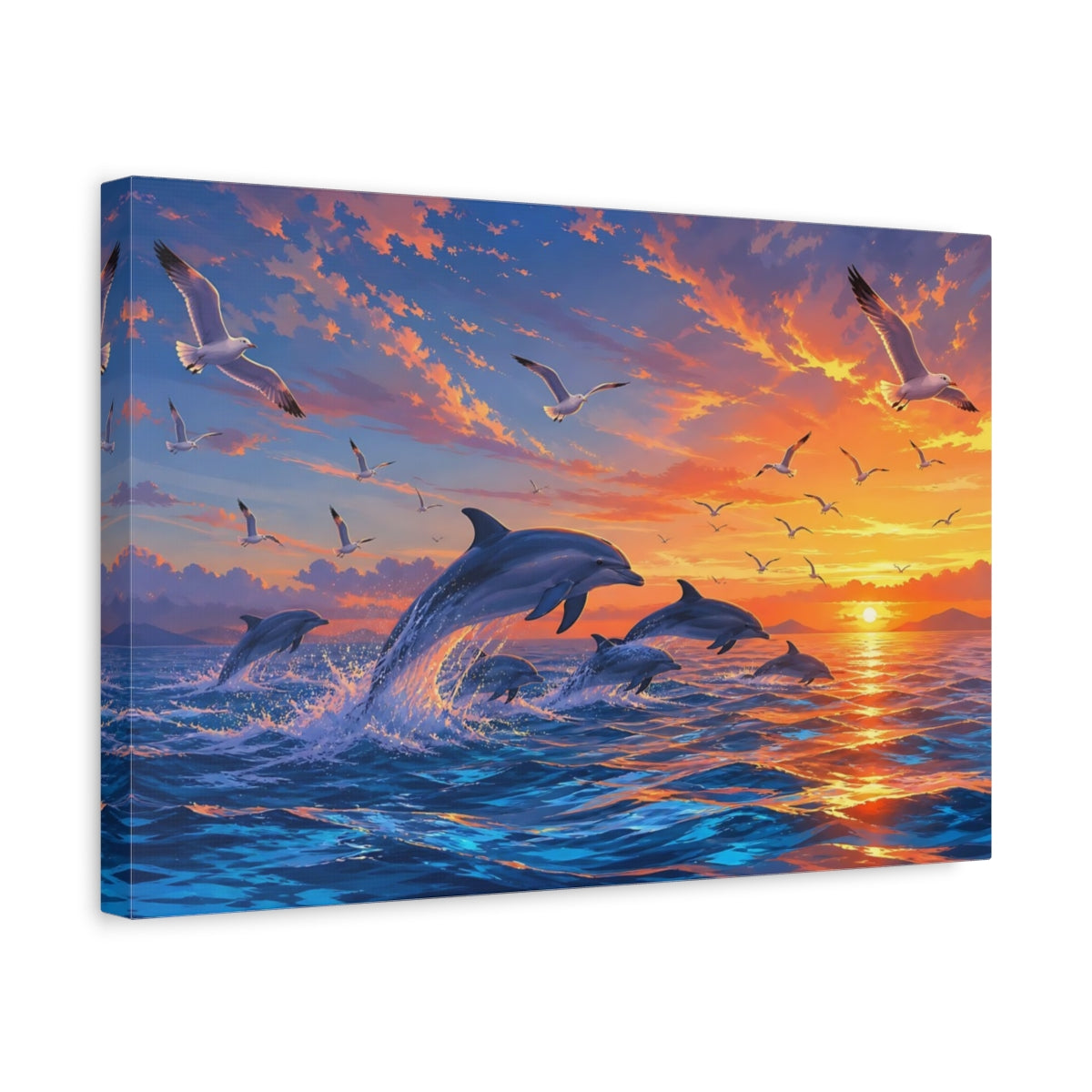 Side Mockup 4. Sunlit Natural Realism Dolphins And Gulls Beneath Sunset Sky shown as stretched canvas wall art