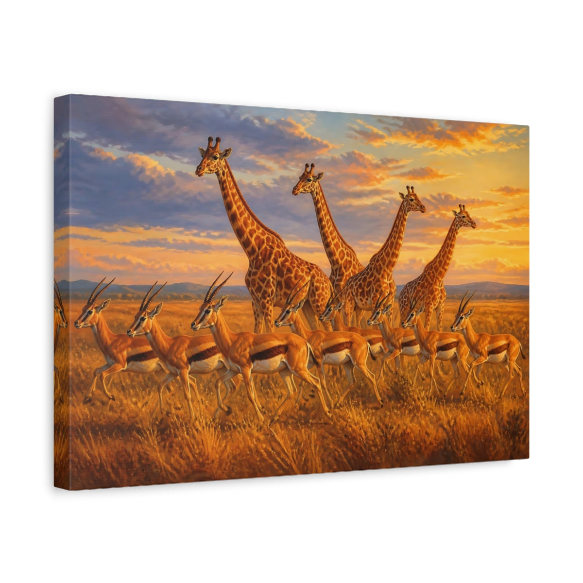 Side Mockup 4. Sunlit Natural Realism Giraffe And Antelope In Evening Grass shown as stretched canvas wall art