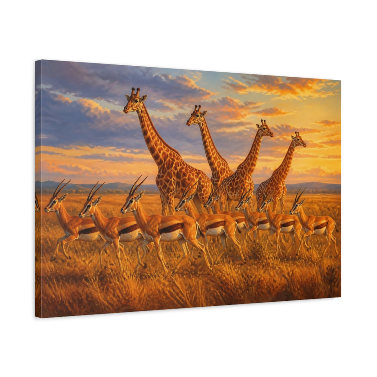 Side Mockup 2. Sunlit Natural Realism Giraffe And Antelope In Evening Grass shown as stretched canvas wall art