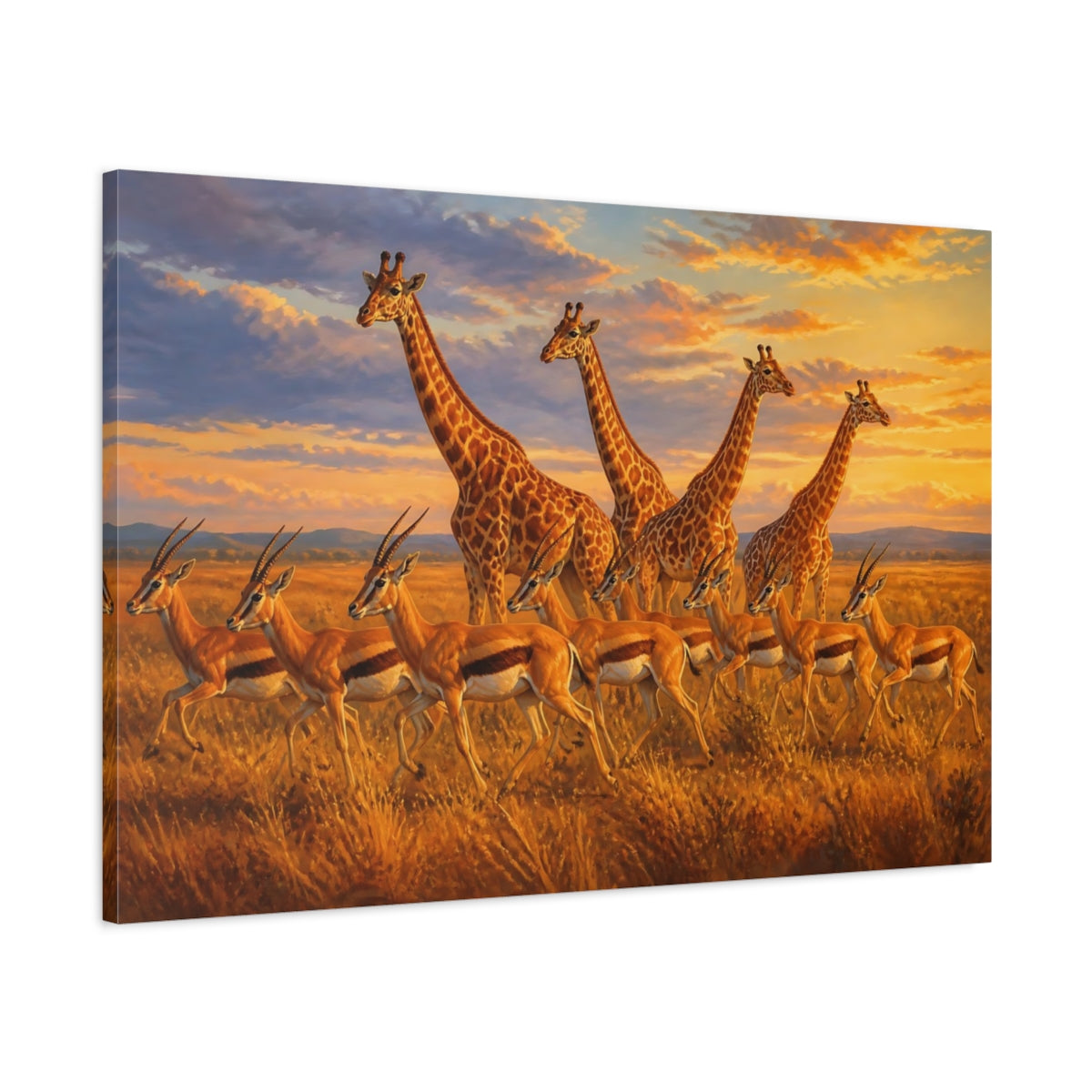 Main Mockup. Sunlit Natural Realism Giraffe And Antelope In Evening Grass shown as stretched canvas wall art