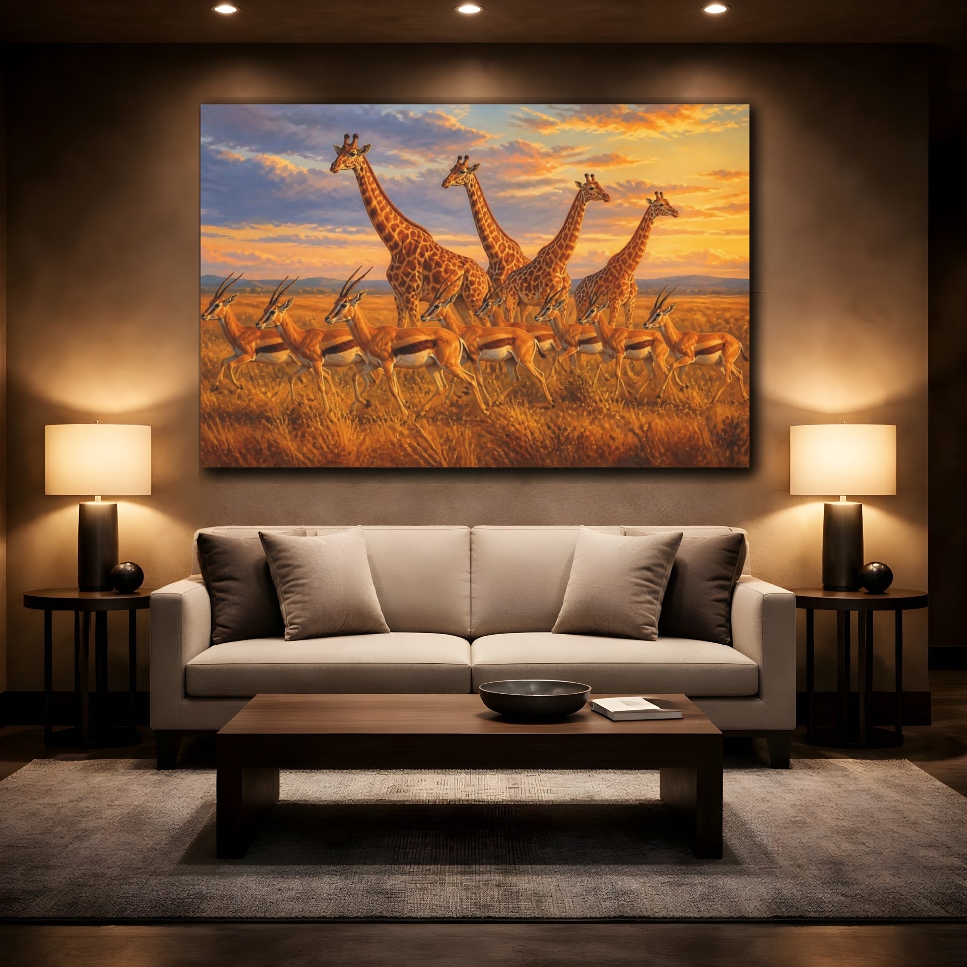 Mockup 2. Sunlit Natural Realism Giraffe And Antelope In Evening Grass shown as stretched canvas wall art