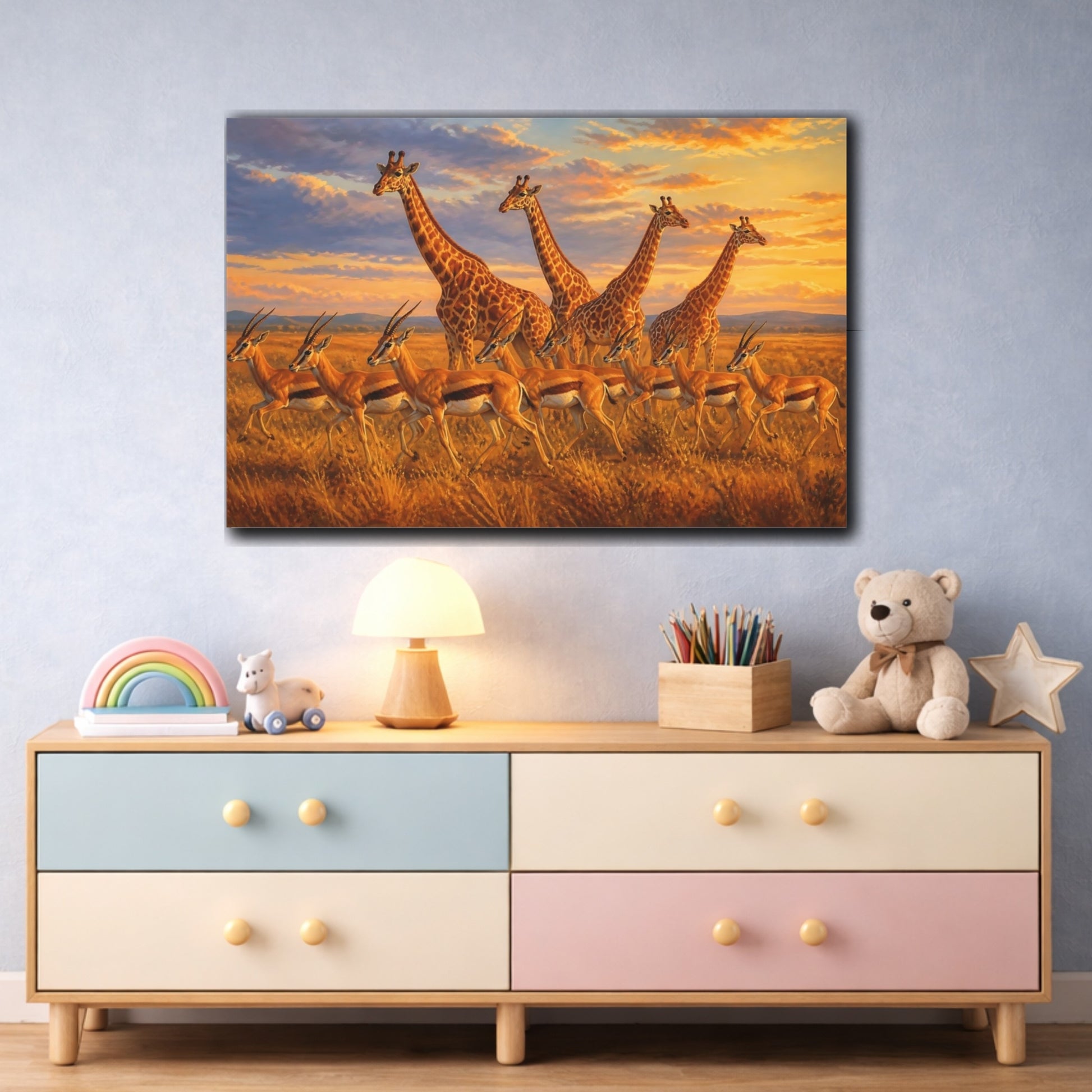 Mockup 3. Sunlit Natural Realism Giraffe And Antelope In Evening Grass shown as stretched canvas wall art