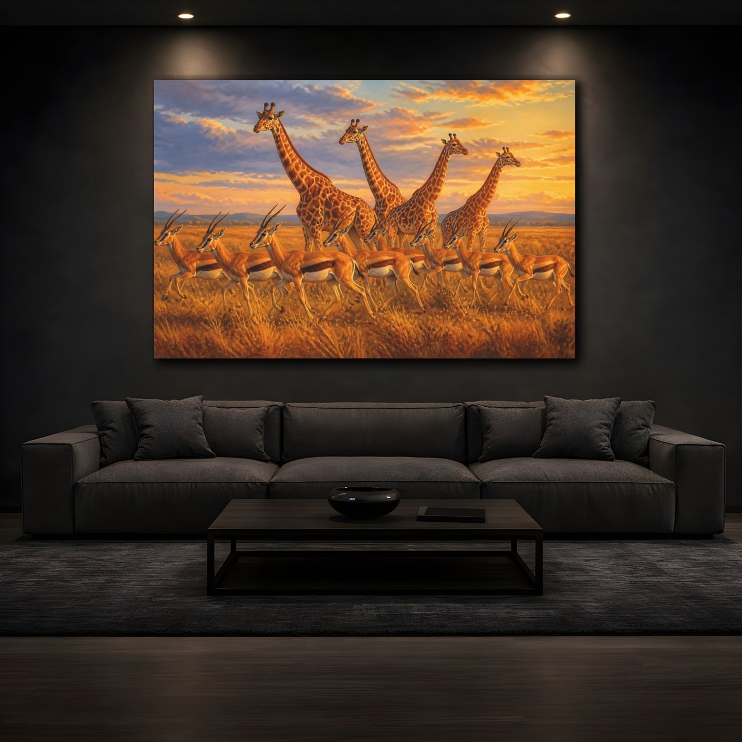 Mockup 4. Sunlit Natural Realism Giraffe And Antelope In Evening Grass shown as stretched canvas wall art